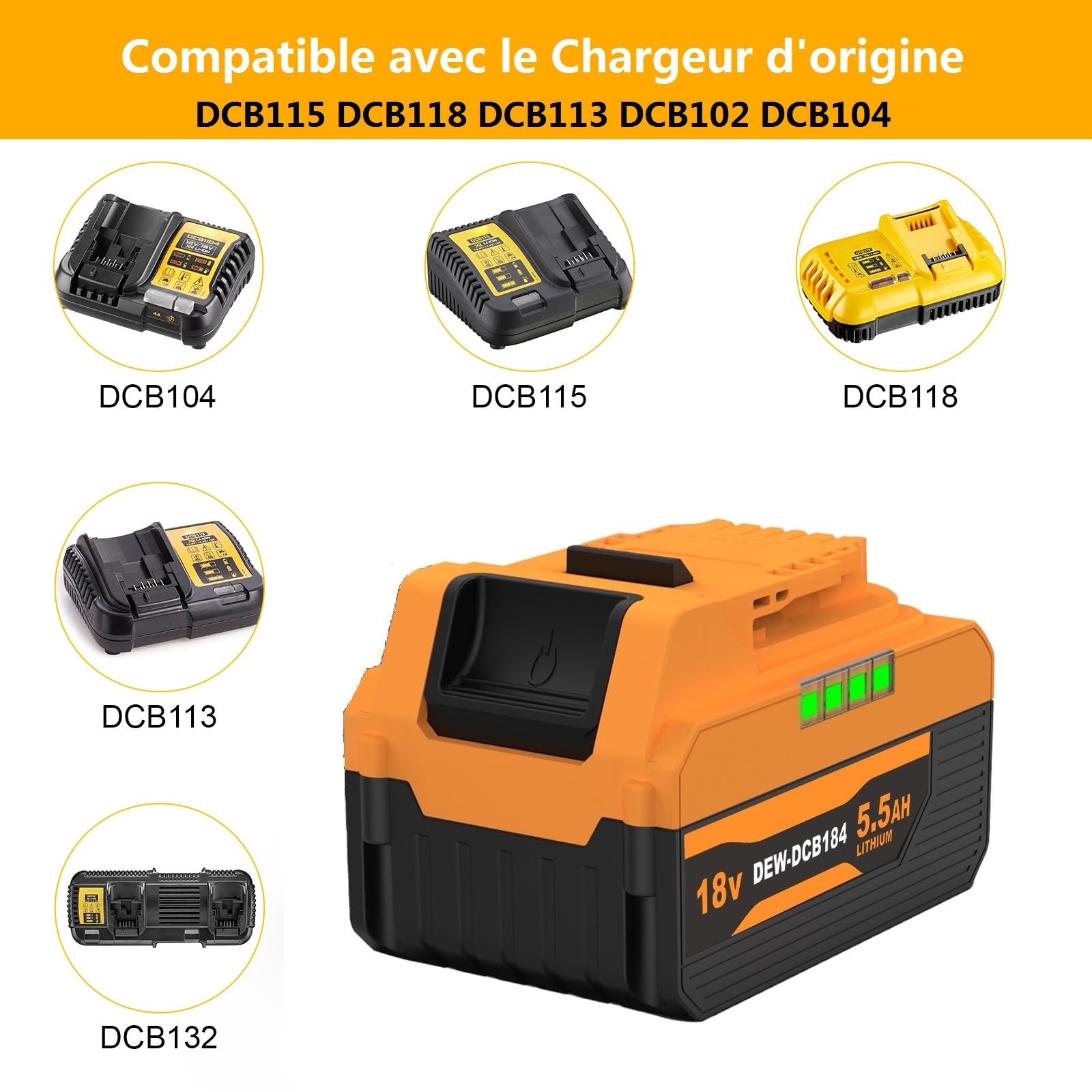 Energup 2Pcs 18V 5500 mAh Batterie pour Dewalt Batterie 18V DCB184
