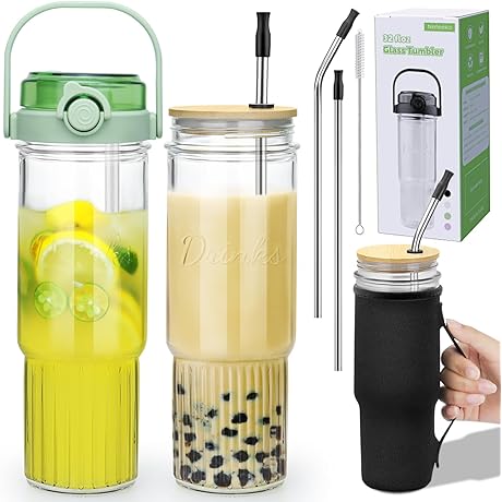 Nefeeko 32oz Glass Tumbler with Straw and Lid