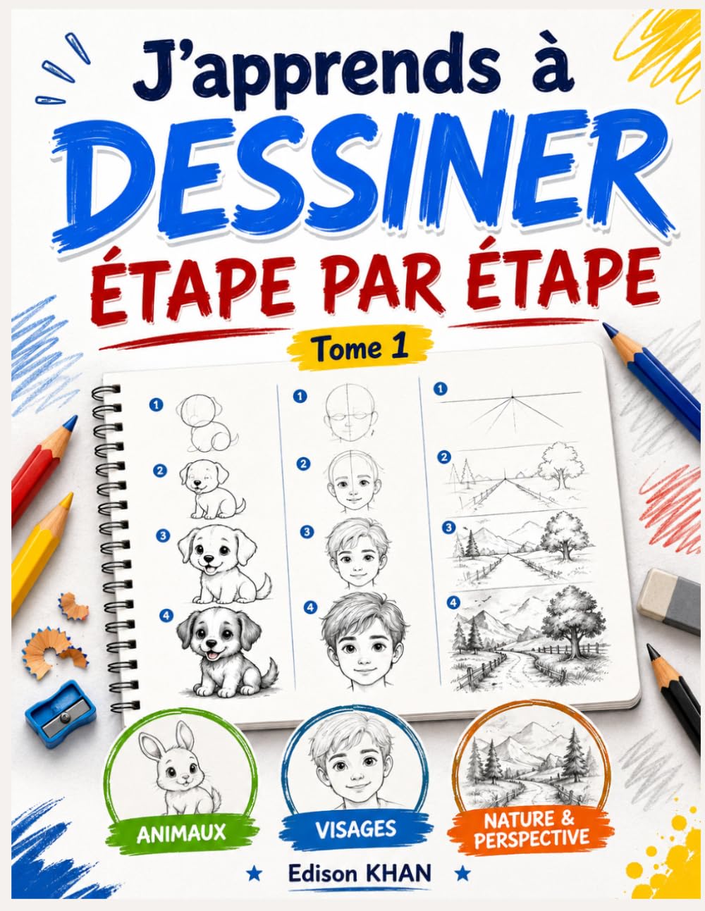 J'apprends à dessiner étape par étape: Animaux, visages, nature et perspective | Cahier de dessin facile pour enfants et débutants ; Méthode simple en 4 étapes (tutoriels + pages d’entraînement)