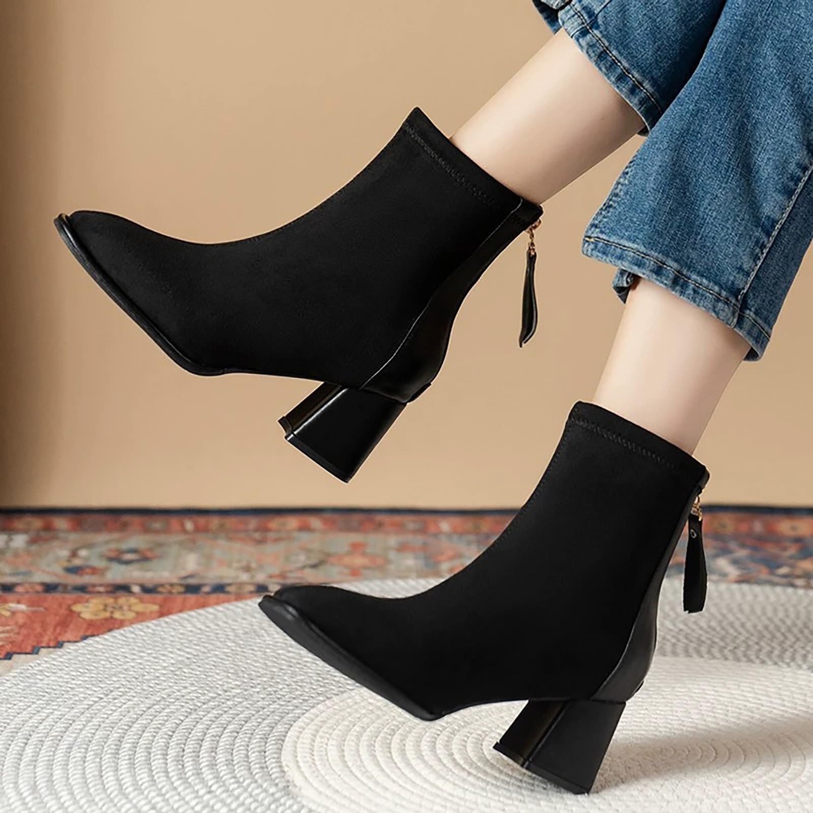 Cocila Botas De Terciopelo Con Punta Puntiaguda Y Tacón Grueso Para Mujer Cremallera Trasera Botines Altos Estilo Moteras Agua Media Caña Piel Marrones Tacon Fino Bajo Barefoot Altas Boots