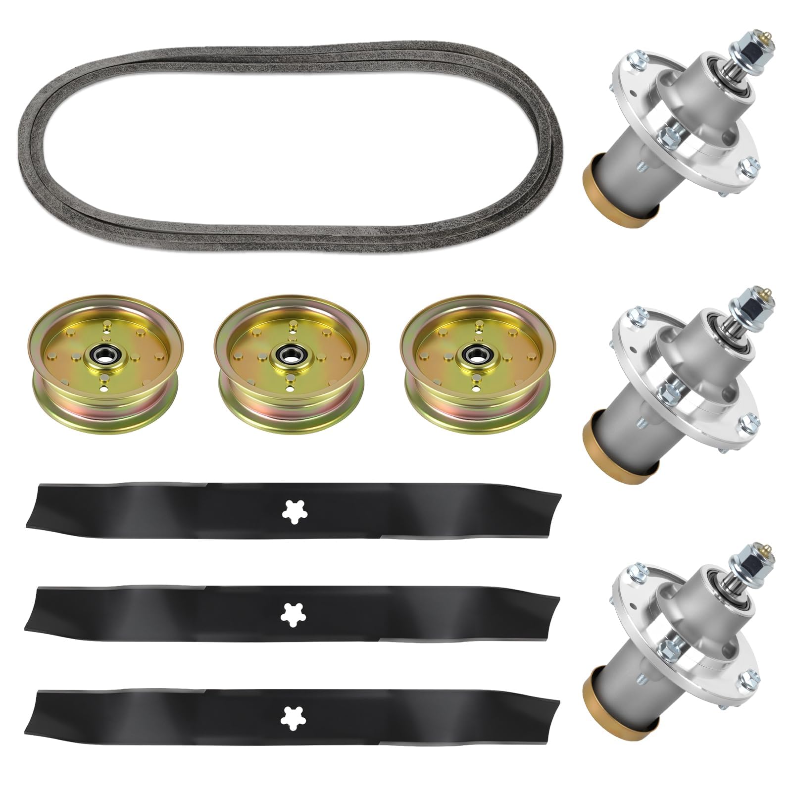 Kit de reconstrucción de cubierta de cortacésped compatible con Hu sqvarna para MZ6128 FD61M de 61 pulgadas, incluye 3 husillos 539112170, 3 cuchillas 134149, 3 tensores 539132728 y 1 correa