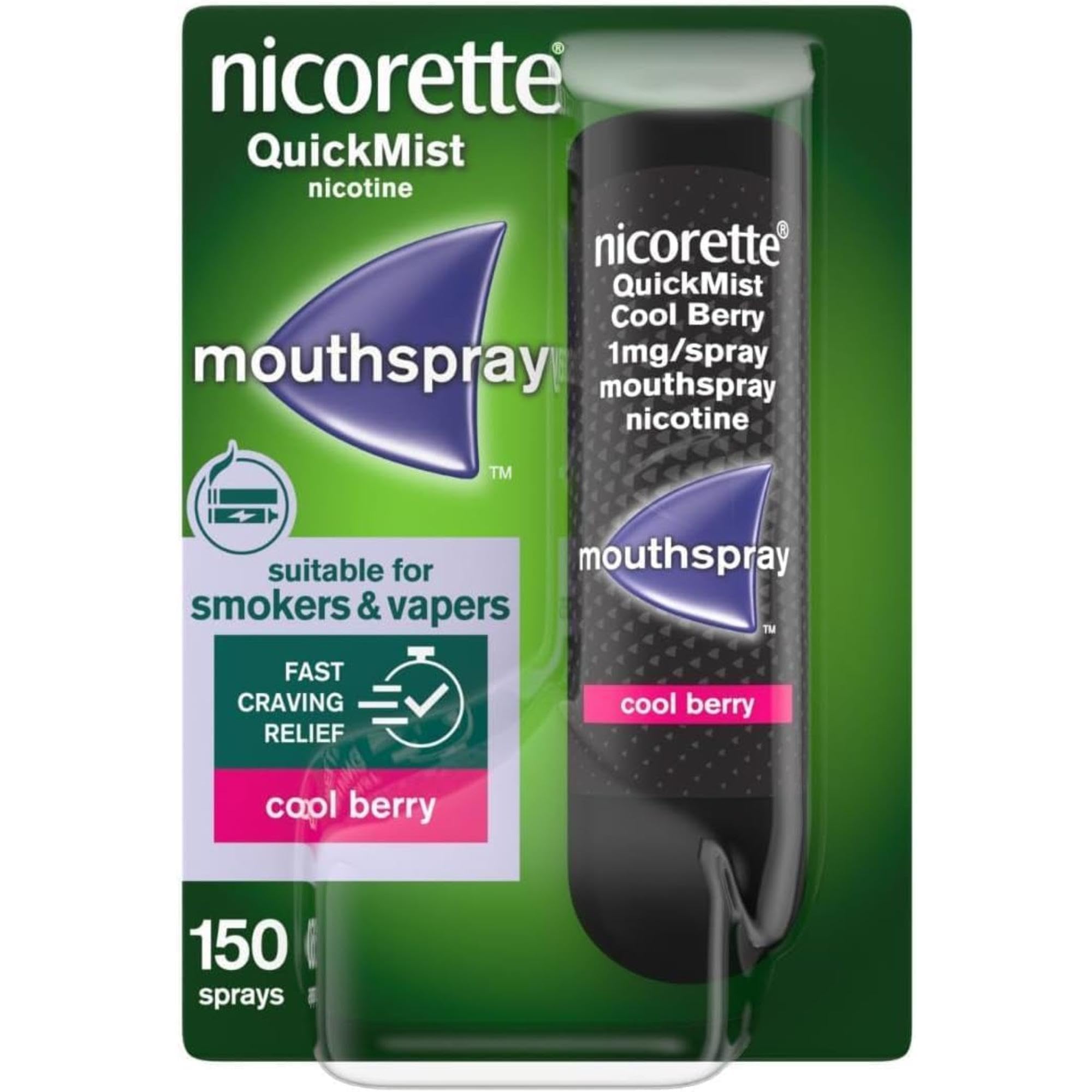 Nicorette QuickMist Mouthspray, Cool Berry Flavour (1x150 Sprays), Quit Smoking or Quit Vaping aid, Starts to Reduce Cravings in 30 Seconds (Quit Smoking or Quit Vaping aid)