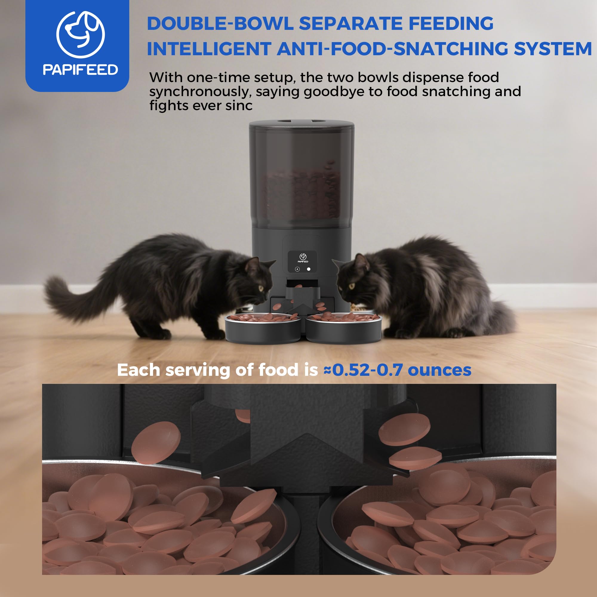 PAPIFEED 7L Automatic Cat Feeder for 2 Cats - 2.4G WiFi Timed Auto Feeder with APP Control, Cat Food Dispenser with Alexa for Multiple Cats, Detachable for Easy Clean, 1-10 Meals Per Day - Black
