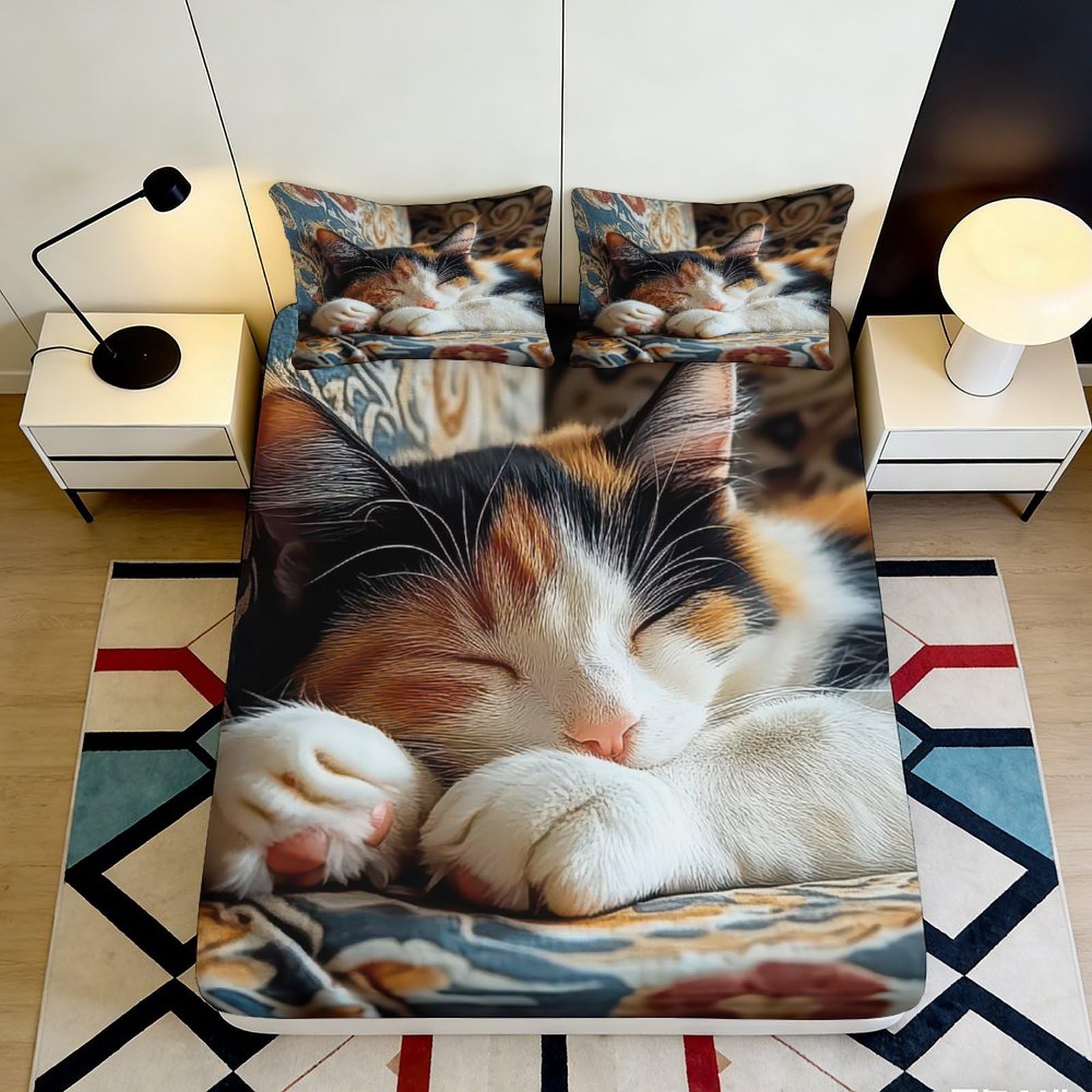 3D Printed Sleeping Cat Fitted Sheet Microfiber Soft Anti-Slip Calico Bed Cover for Bedroom Guest Room Decor 120x200x25cm