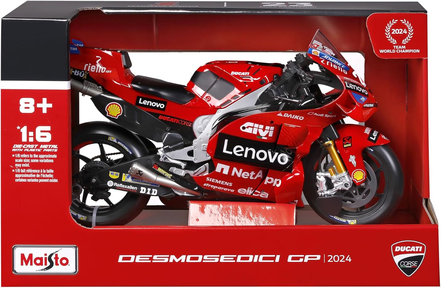 MAISTO Ducati Lenovo Moto GP Racing 2024#1 Francesco Bagnaia, Red, Model Motorcycle 1:6, Faithful Collector's Motorcycle, Toy Motorcycle with Steering & Display Stand, from 14 Years (532245)