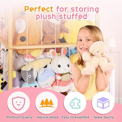 Miniatura 5 de Almacenamiento de animales de peluche extra grande para organizador de esquina, material de madera de alta calidad con cordón elástico para hasta