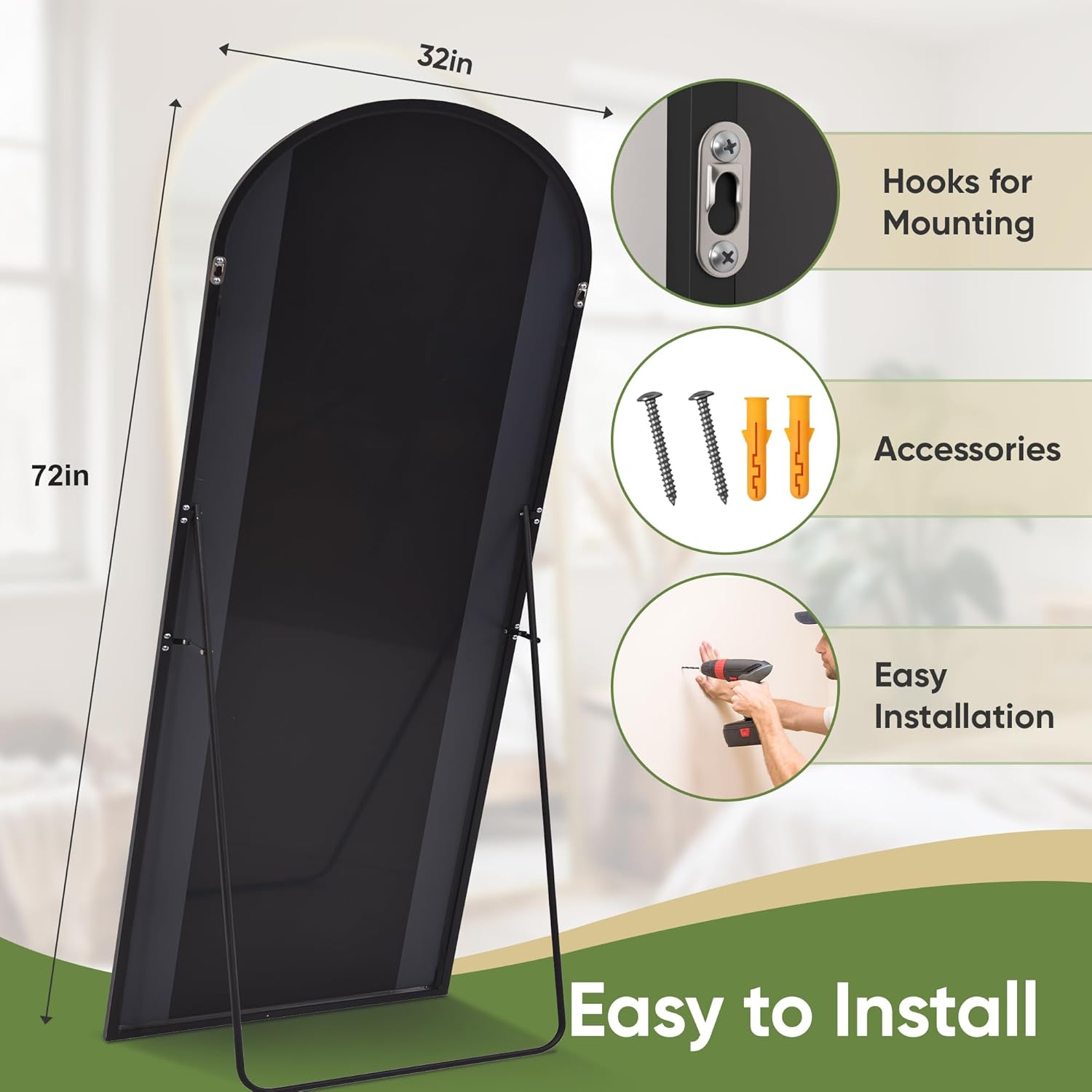 Full Length Mirror, 72"x32" Arched Full Body Mirror, Oversized Floor Mirrors, Leaning Free Standing Mirrors, Hanging Mounted Large Mirrors for Bedroom Dressing Room, Cloakroom, Black