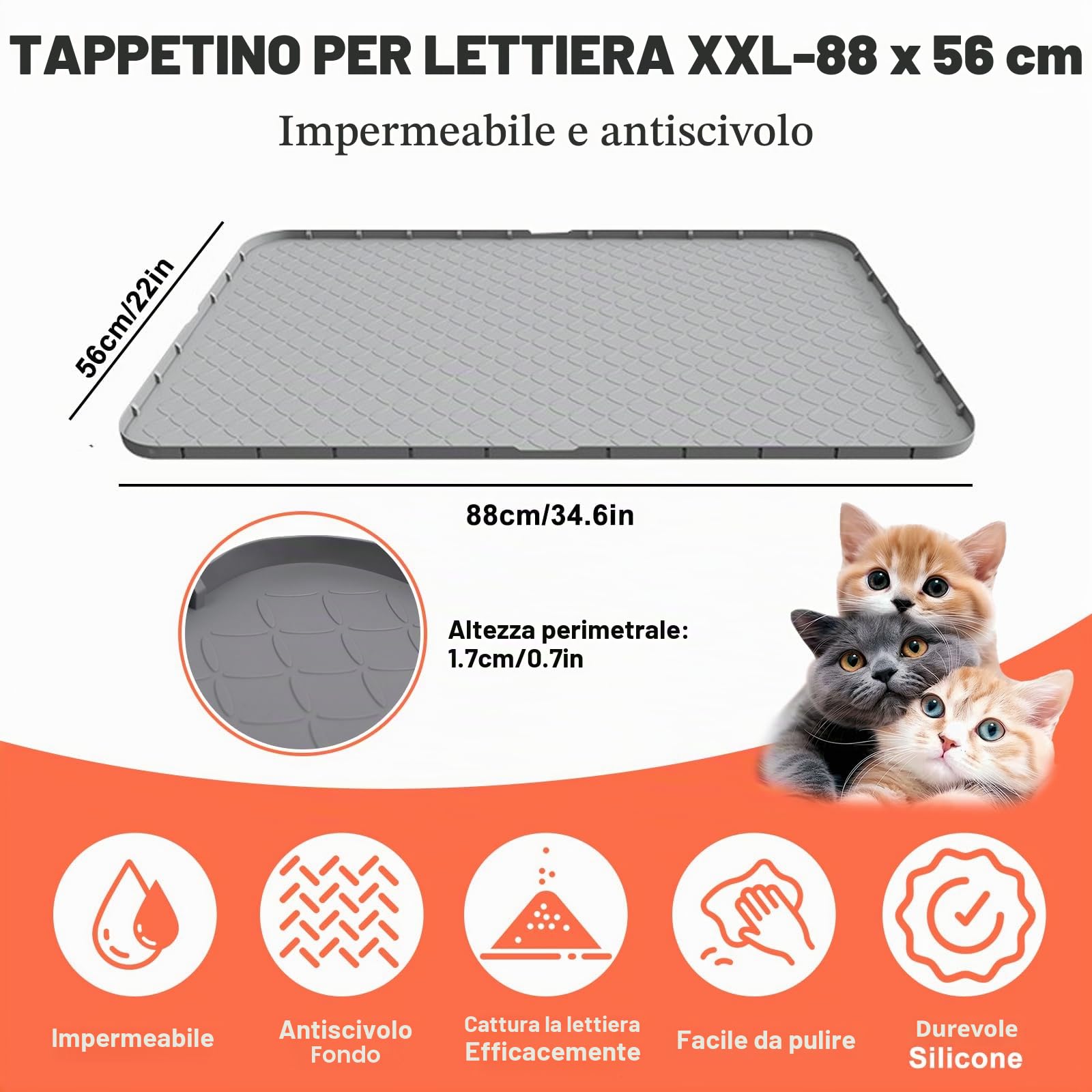 Tappetino per lettiera in silicone XXL 88 × 56 cm, impermeabile, antiscivolo e facile da pulire, tappetino extra per lettiera per gatti, grigio, zampe di gatto amichevole, per ciotola e lettiera per