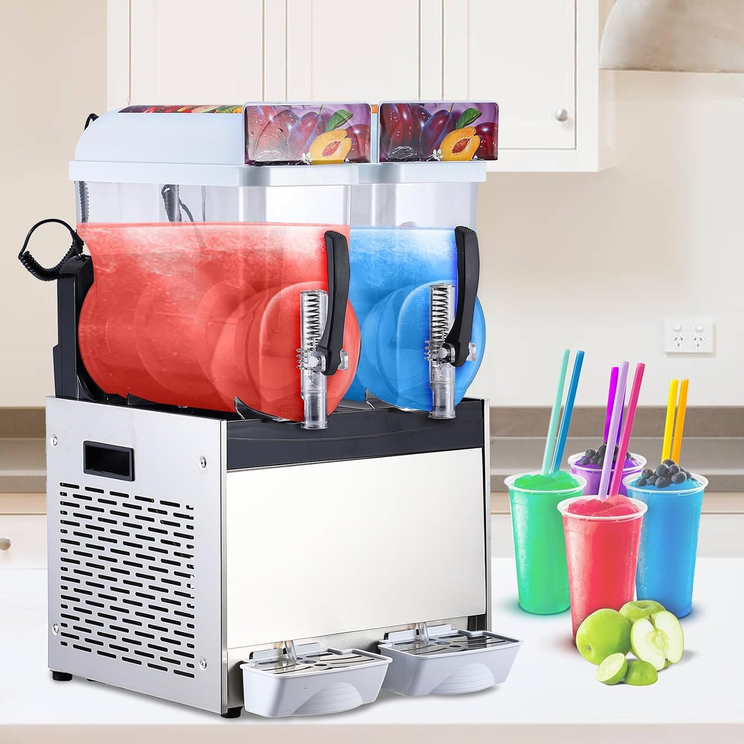 Commercial Slushy Machine Frozen Drink Machine, Double Tank 15l 700w Stainless Steel, Margarita Wine Slush Smoothies Maker for Restaurant Bar Party