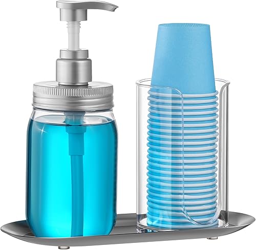 VITVITI Dispensador de enjuague bucal para baño, botella con bomba de lavado bucal con soporte para vasos de papel, recipiente de plástico de 15.2