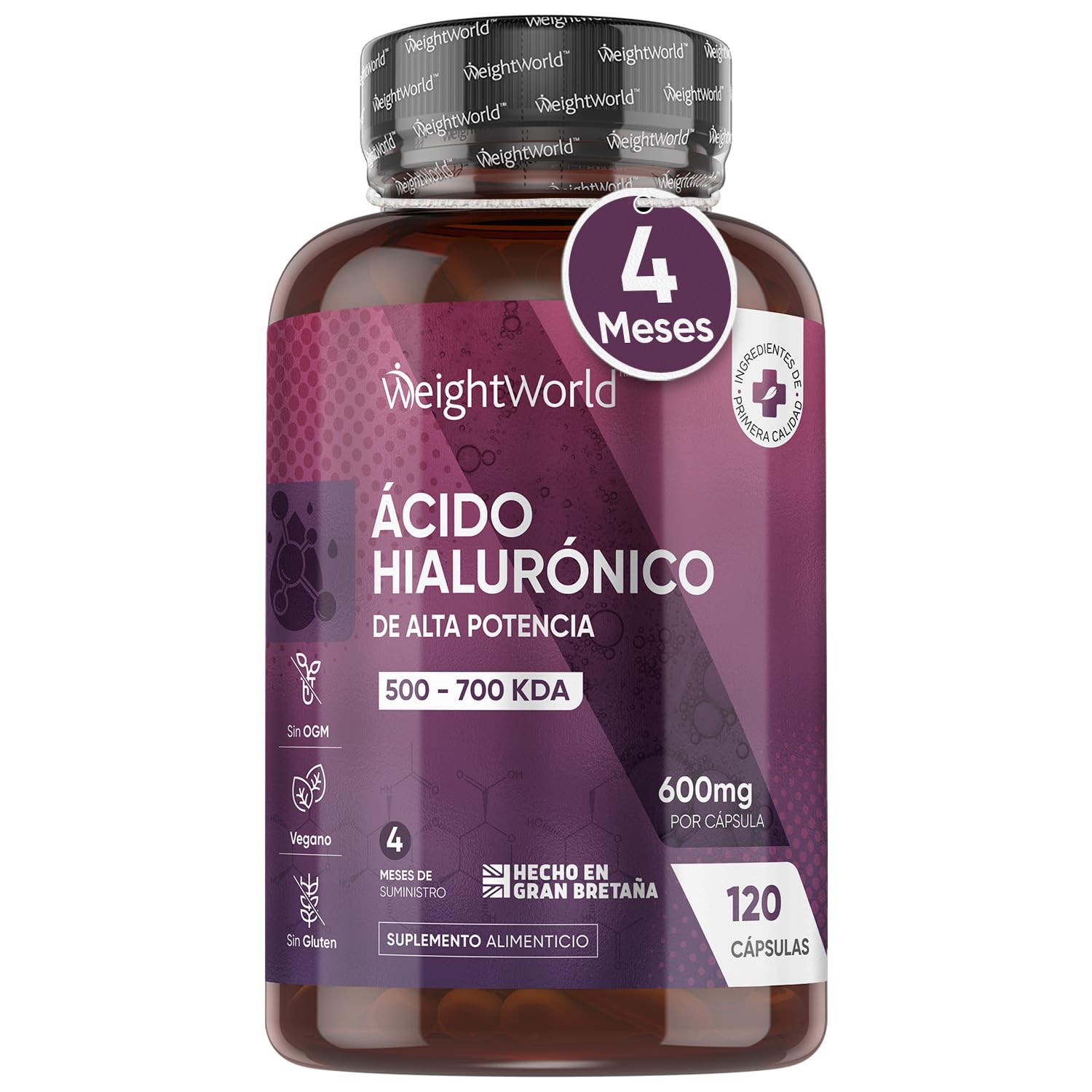 Ácido Hialurónico 600mg de Concentración 120 Cápsulas Veganas - Alta Potencia de 500-700 KDA por Porción, Natural, Sin OGM, Sin Químicos, Sin Gluten, Sin Lactosa para 4 Meses de Suministro