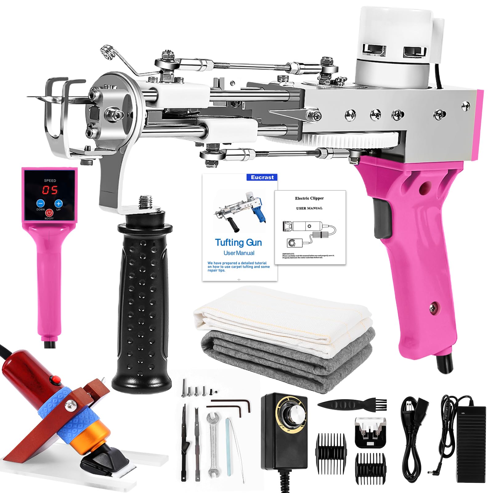 Rug Tufting Gun with Carpet Trimmer Kit，Tufting Gun Starter Kit Professional Tufting Rug Making Machine ，2 in 1 Cut Pile Loop Pile Tufting Gun Kits for Beginners and Amateur（Deep Pink）