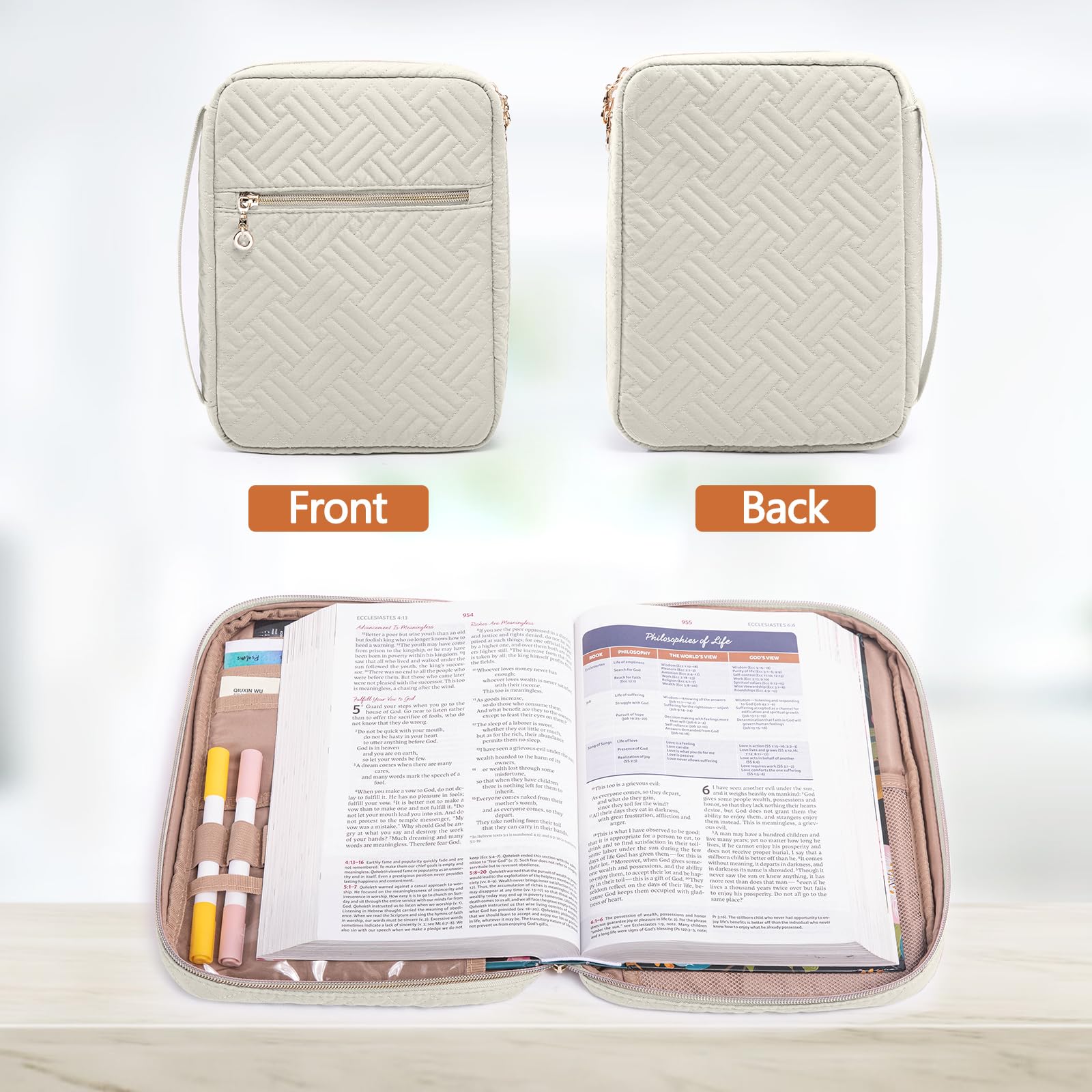 Housse de bible matelassée pour femme, grand sac de bible avec poignée et bandoulière, organiseur de fournitures d'étude biblique, étui de transport à fermeture éclair, couverture de livre chrétien