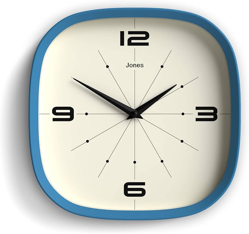 Reloj de pared Pulsar | Reloj retro cuadrado redondeado | 10" | Azul | Aspecto moderno y de diseño para cocina, sala de estar u oficina