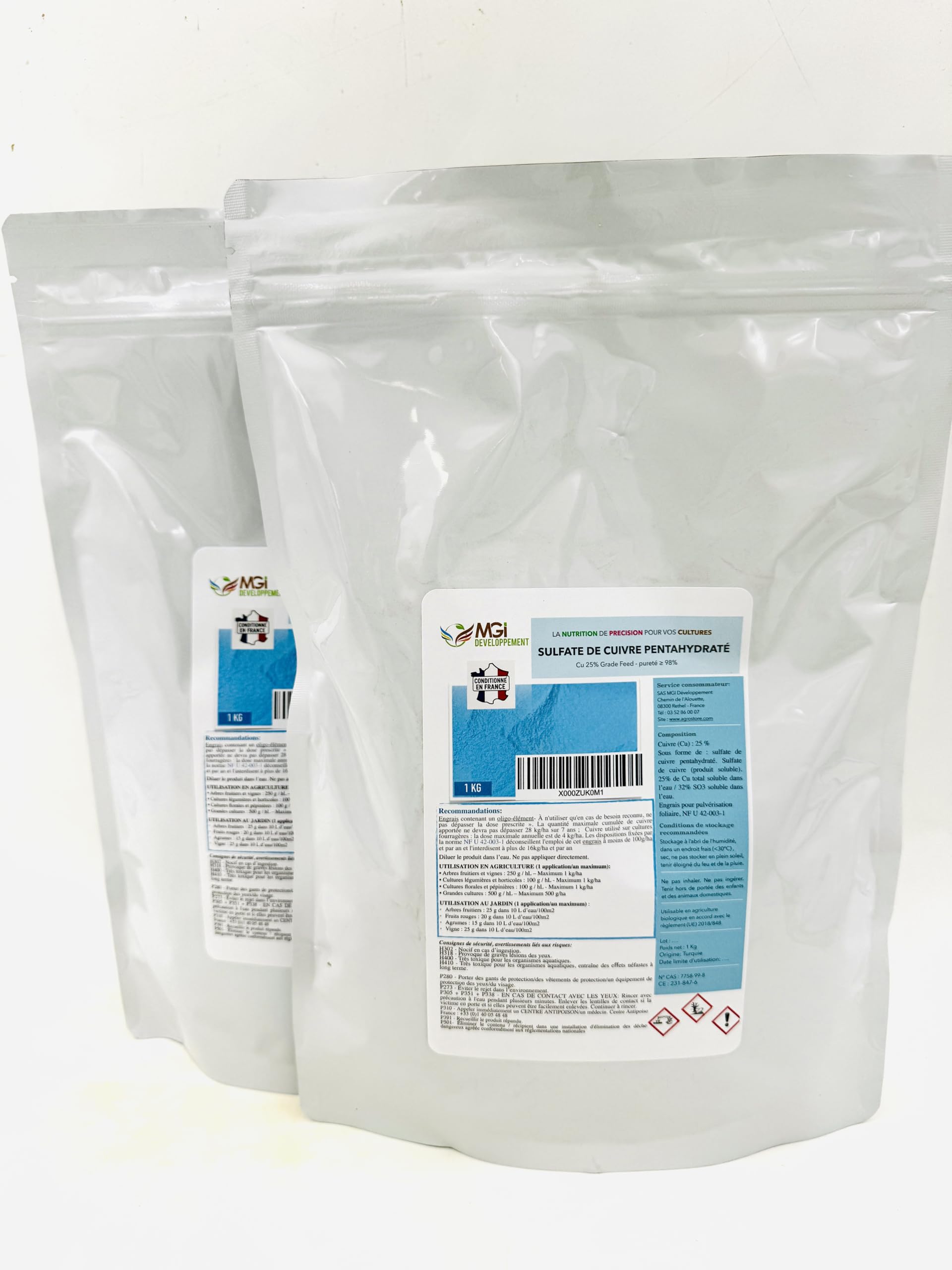 Lot de 2x1kg di Solfato di Rame Pentaidrato – Cu 25% – Purezza ≥ 98% – Qualità Feed Grade – Solubile