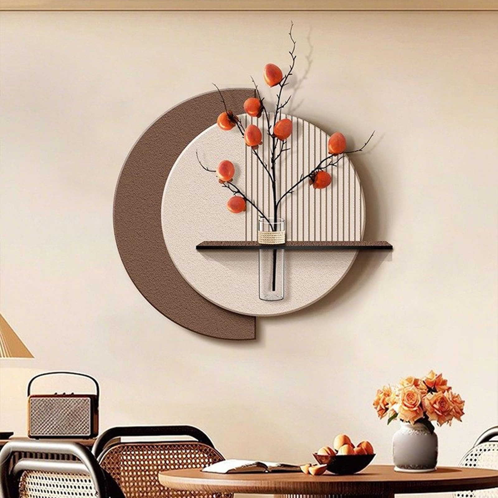 MESCXTY 3D Sandstone Wall Art Decor with Persimmon Vase, Handcrafted Layered Sculpture Glass Test Tube & Faux Fruit Branches, Modern New Chinese Aesthetic Hanging Mural(Brown,23.6 * 23.6in)