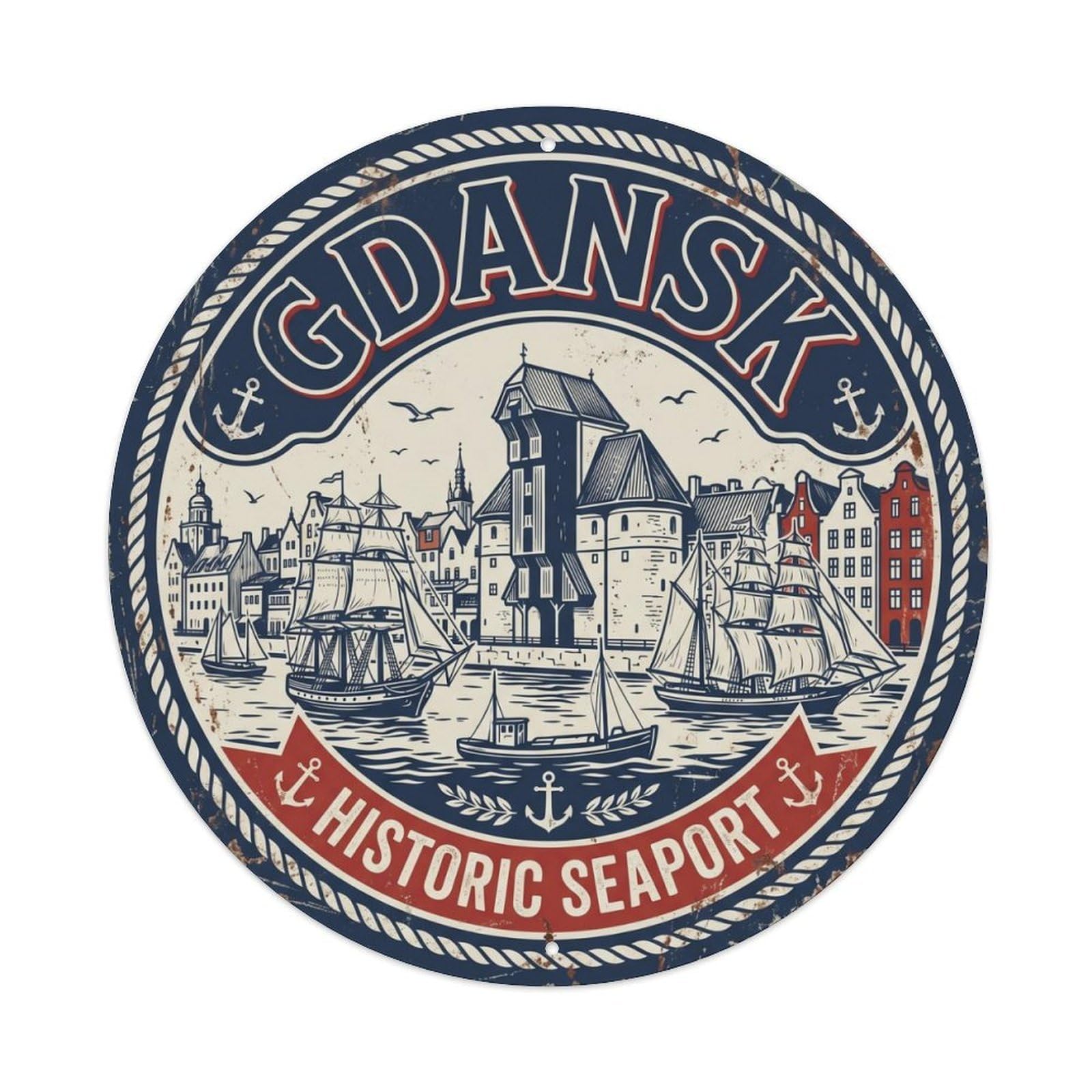 Vintage Travel Gdansk Poland Harbor Metal Tin Sign Plaque Wall Decor for Cafe, Club Bar, Office, Home Garden Round Metal Poster 8x8Inch