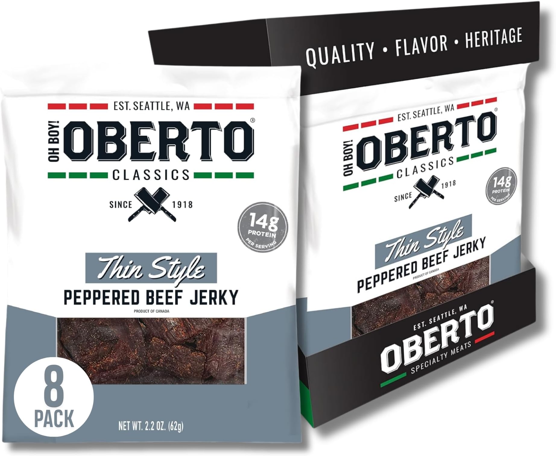 Classics Thin Style Beef Jerky, Peppered Flavor, No Artificial Ingredients, High Protein, Gluten Free, Wood Smoked, Premium Steak Beef Jerky High Protein Snacks, 2.2 Ounce (Pack of 8)