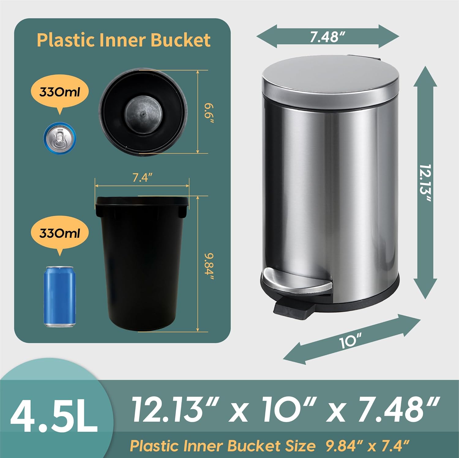 SunnyPoint 4.5 Liter(1.2 Gallon) Small Round Trash Can with Plastic Inner Bucket; Bathroom, Office, Kitchen and Bedroom Step On and Slow Close (S.N)