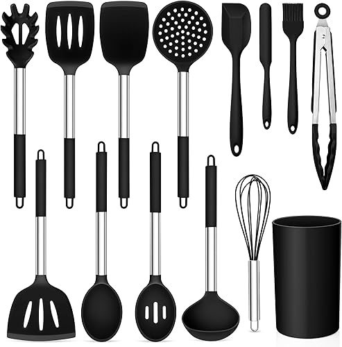 TeamFar Juego de 14 utensilios de cocina de silicona, con mango de acero inoxidable, para freír, servir, voltear y escurrir, no tóxico y resistente