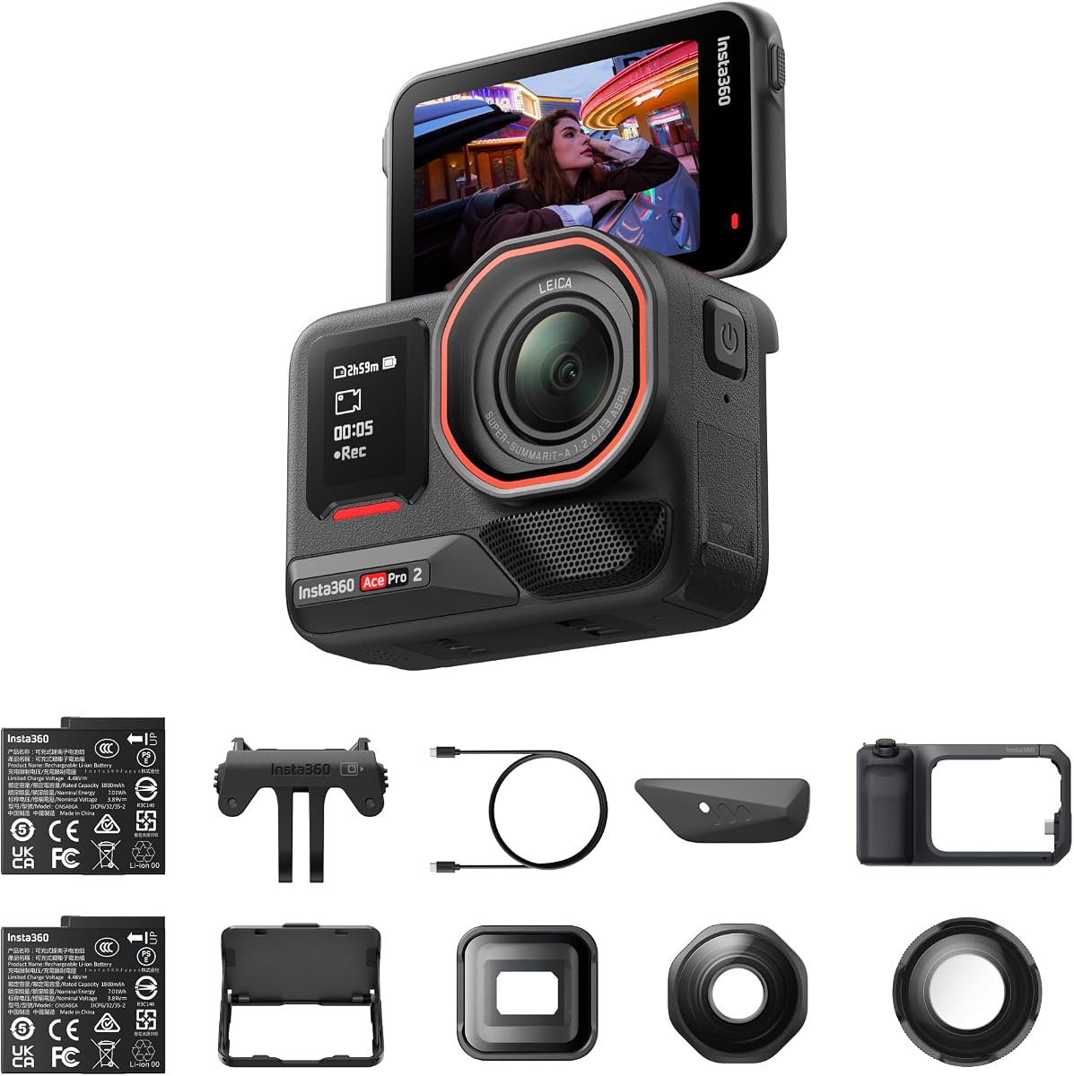 Insta360 Ace Pro 2 Ultimate Videografía Bundle - Cámara de acción impermeable 8K co-diseñada con Leica, Xplorer Grip Pro Kit para fotografía callejera, lente cinematográfica, lente de primer plano, lente ultra ancha