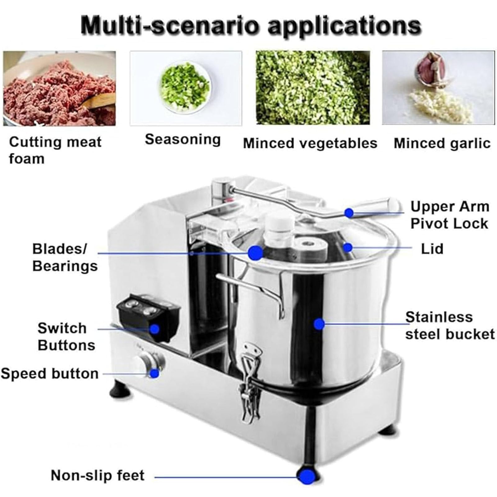 Procesador de alimentos comercial, picador de verduras eléctrico de alta resistencia, procesador de alimentos automático con velocidad ajustable, rallador de verduras de acero inoxidable,12L