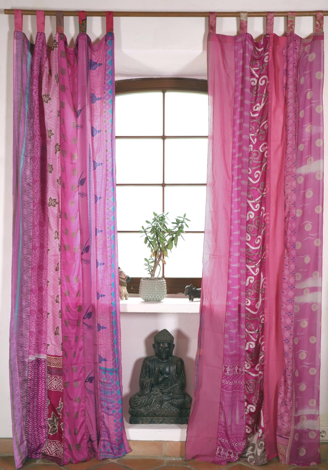GURU SHOP Vorhang 2 Stück Seidige Upcycling Gardine aus Patchwork Sareestoff, Unikat Vorhänge - Pink/Fuchsia, 250x100 cm