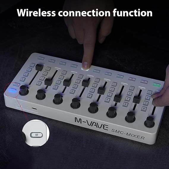 controller,HUIOP BT midi controller,MIDI Controlle MIDI Mixing Console with 43 Buttons 8 Knobs 8 Push Buttons BT Connection Battery/Type-C Power Supply USB MIDI Controller Mixer for Most Electroacoust