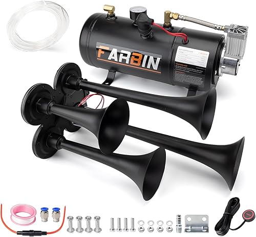 Miniatura 8 de FARBIN 178DB - Bocina de aire de 4 trompetas potente, con tanque de aire de 150 PSI, tipo tren, con compresor de aire 12 V, para camiones, Jeep, SUV