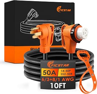 50 Amp RV Extension Cord 10 ft, Heavy Duty 6/3+8/1 SJTW AWG RV Power Cord with Grip Handle Twist Lock, Plug Conversion Function：NEMA 14-50P to SS2-50R with Polarity Lamp