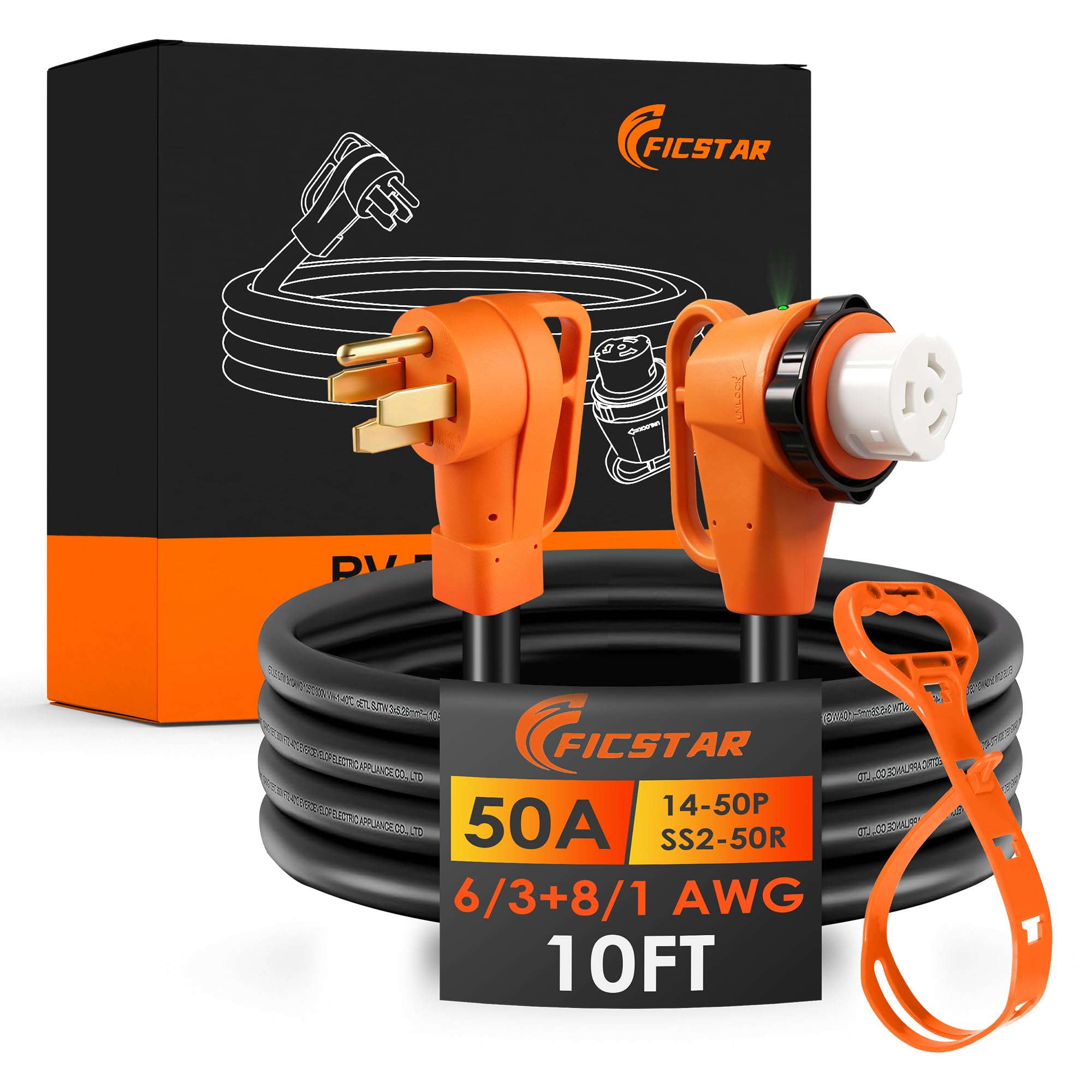 Cable de extensión para RV de 50 amperios de 10 pies, resistente 6/3+8/1 SJTW AWG RV con mango de agarre de bloqueo giratorio, NEMA 14-50P a SS2-50R con indicador LED