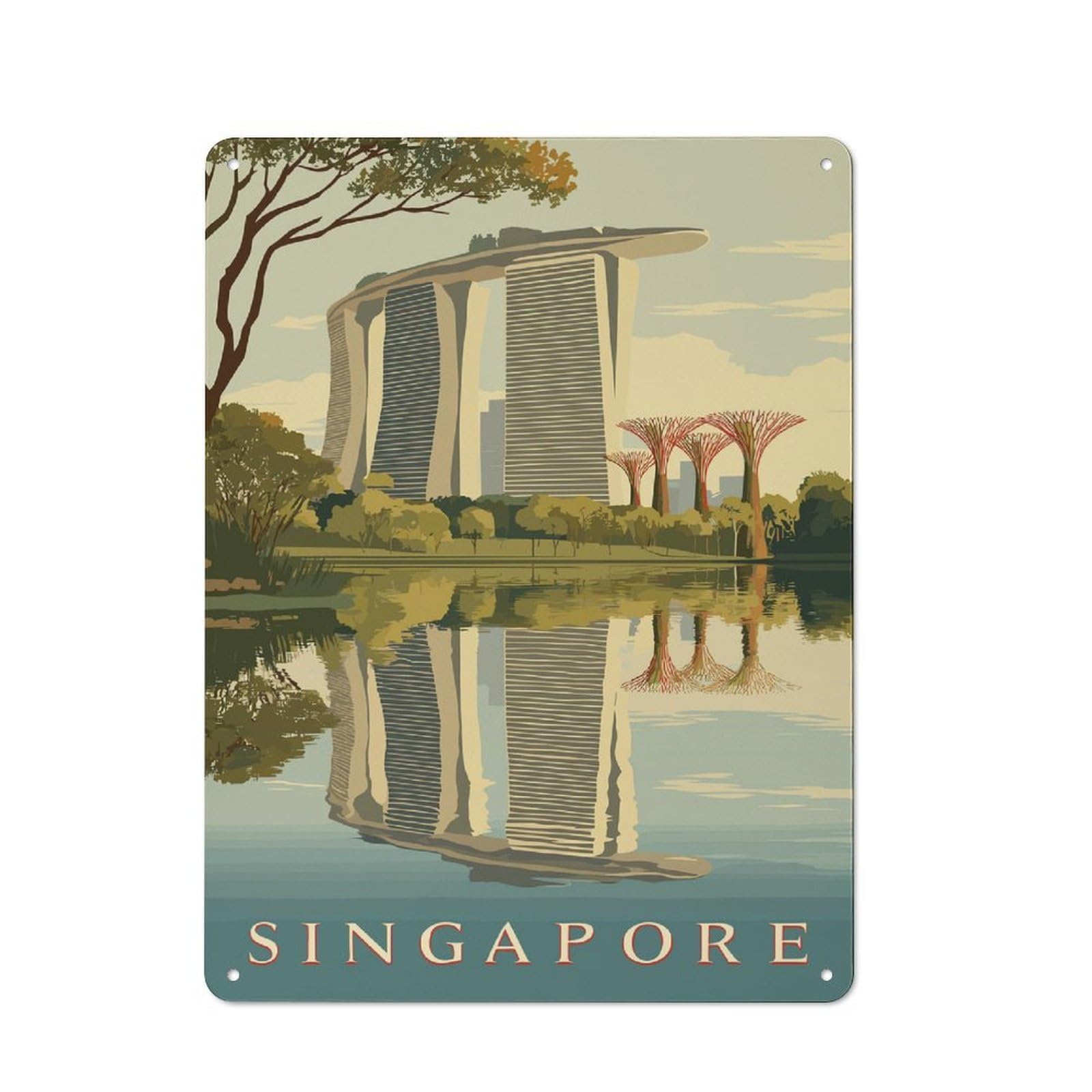 Junmoney Style-17 Singapore Skyline With Marina Bay Sands Printed Metal Sign 40X30cm For Café Or Home Bar, For Kitchen And Home Bar Decor, For Cafés, Pubs And Restaurants