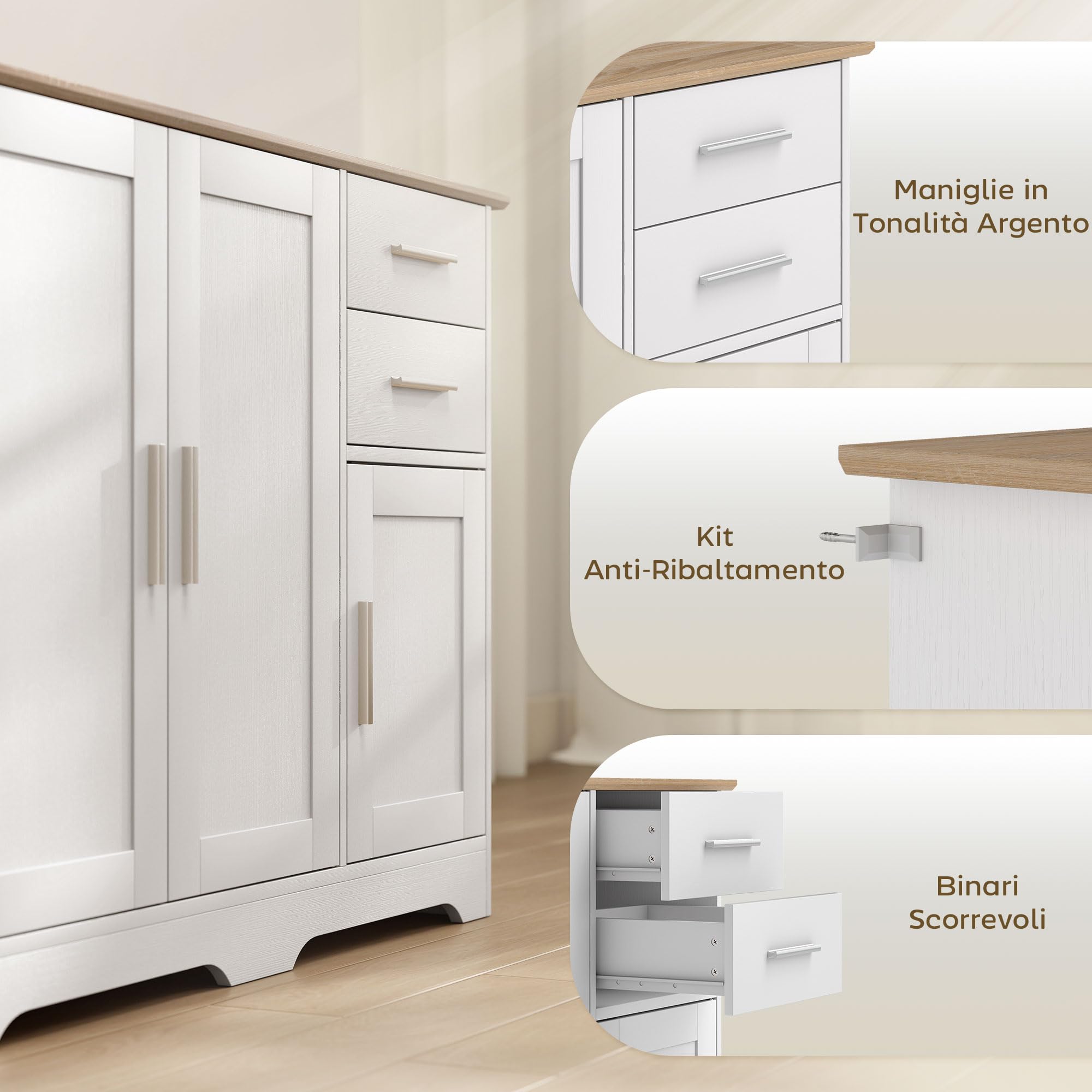 HOMCOM Credenza Cucina, Mobile Cucina con 2 Cassetti e 2 Armadietti, Credenza Buffet con Ripiani Regolabili, 3 Ante, Stile Moderno, per Soggiorno, Sala da Pranzo, 100x40x78 cm, Bianco e Color Legno