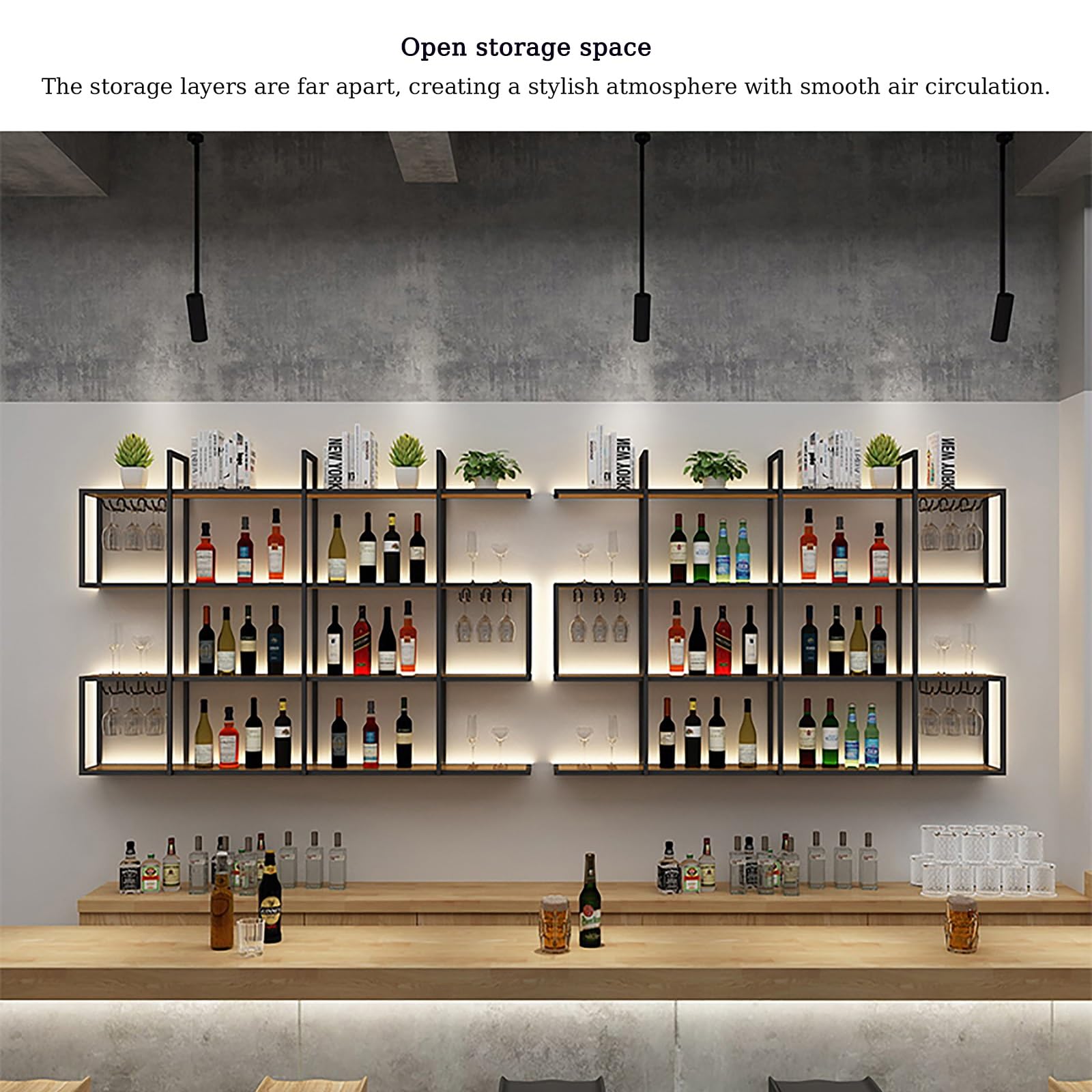 Metal Floating Mount Wine Bottle & Glass Rack Iron Display Stand Wine Holder Wall Mounted Glass Holder Liquor shelf with Shelves Storage With LED Light, for Bar Living Room Restaurant(100cm/39.3IN)