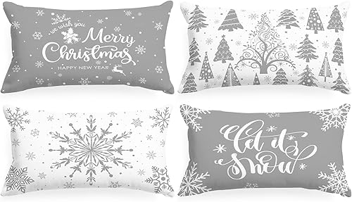 Lanpn Juego de 4 fundas de almohada lumbares de Navidad blancas y grises de 12 x 24 pulgadas, fundas decorativas largas de Navidad con copos de