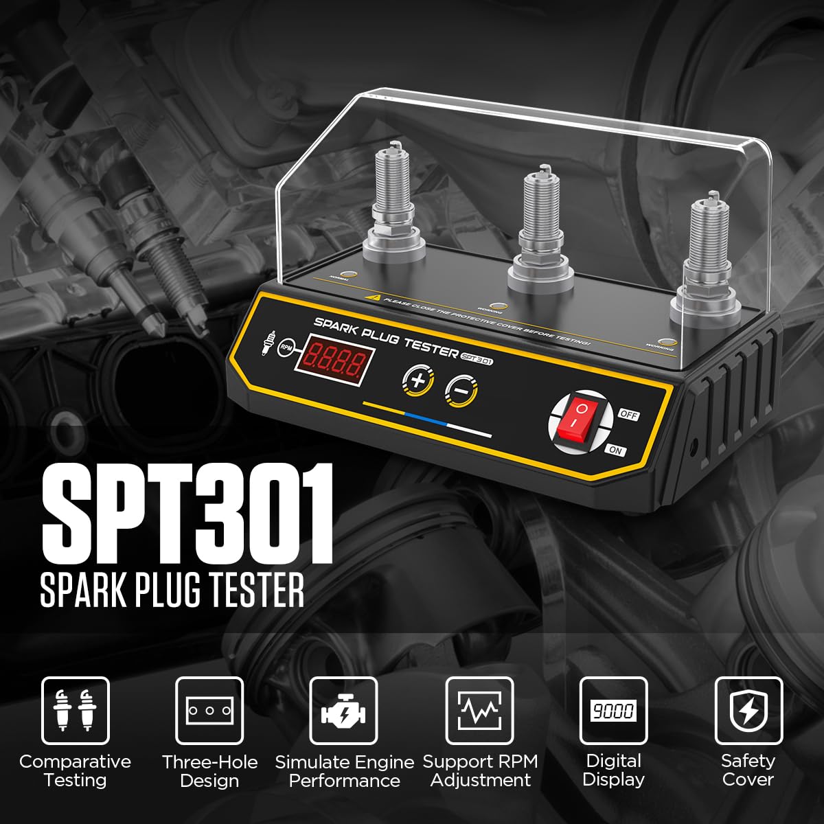 Spark Plug & Ignition Tools SPT301 Spark Plug Tester 3-Hole Ignition Spark Plug Analyzer Adjustment 200-9000rpm & Hole Hight with Comparative Testing,12MM Spark Socket,Simulate Engine Performance