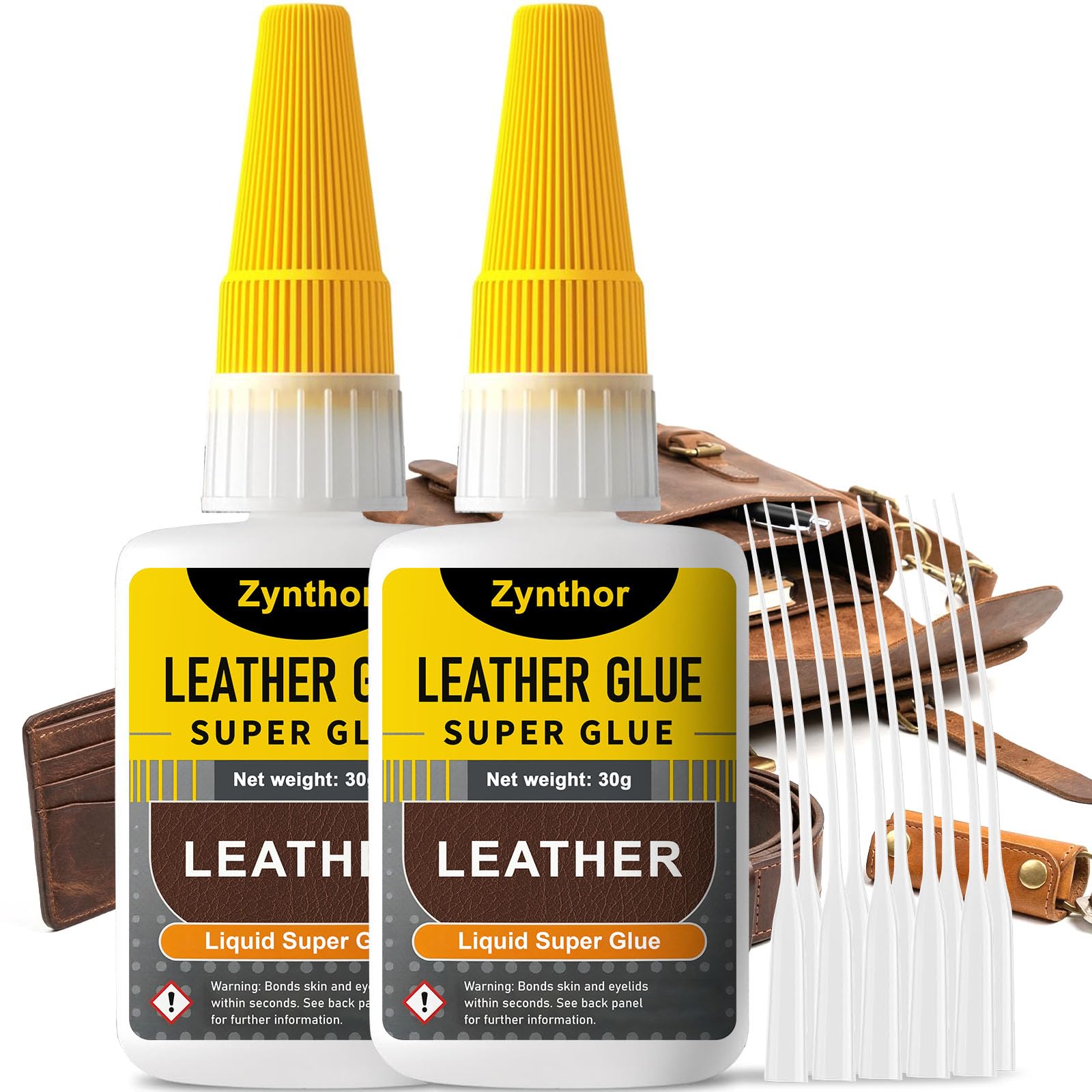 Zynthor Leather Glue 60g (2 x 30g), Extra Strong Super Glue for Leather with Anti-Clog Cap, Clear Waterproof Adhesive for Shoes, Sofas, Car Seats, Furniture and Bags