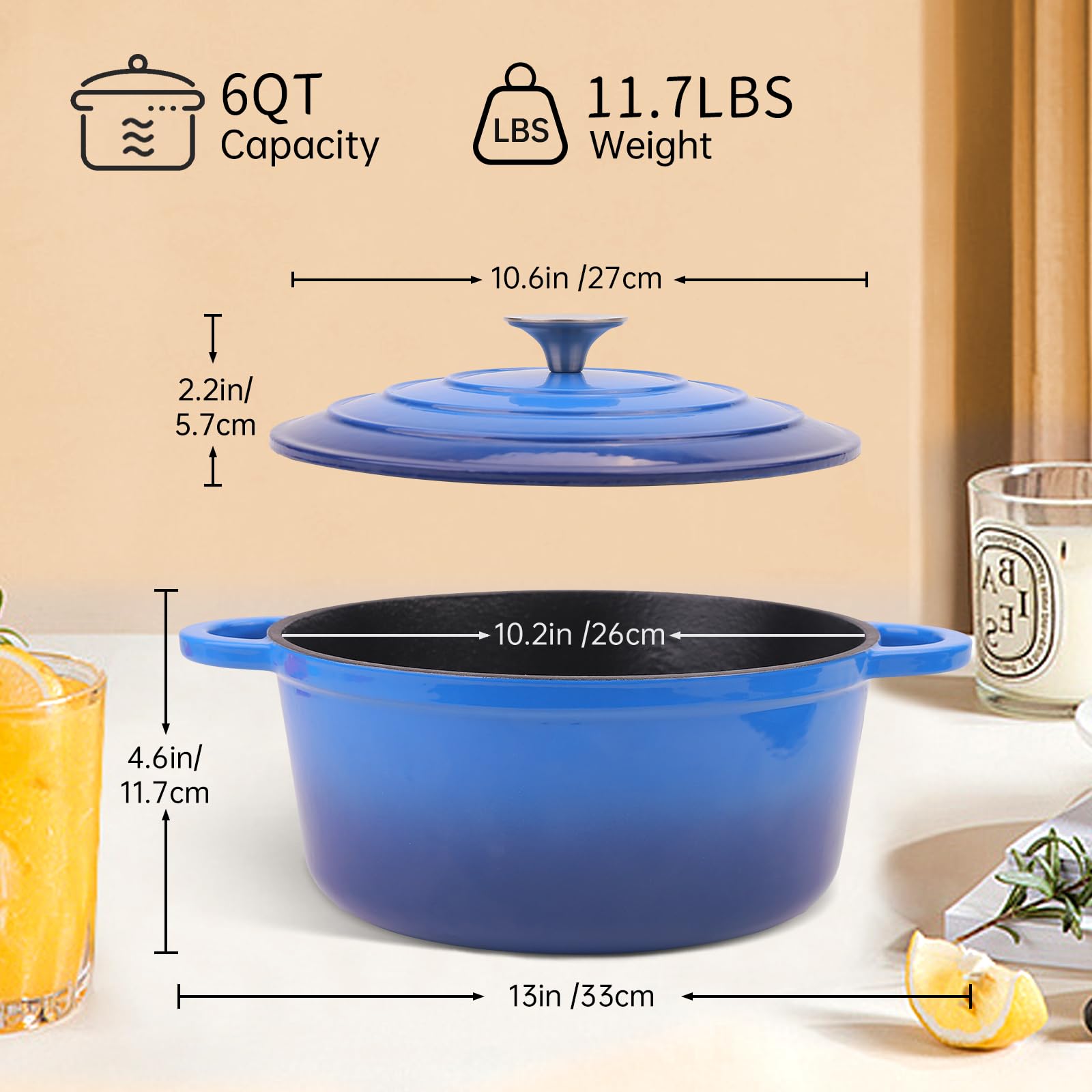 CookNexa 6QT Enameled Cast Iron Dutch Oven with Lid & Silicone Accessories, Round Dutch Oven Pot with Lid-Dual Handles, Oven Safe up to 500° F or on Stovetop, Kitchen Cookware for Bread Baking, Stew (Inner Black)