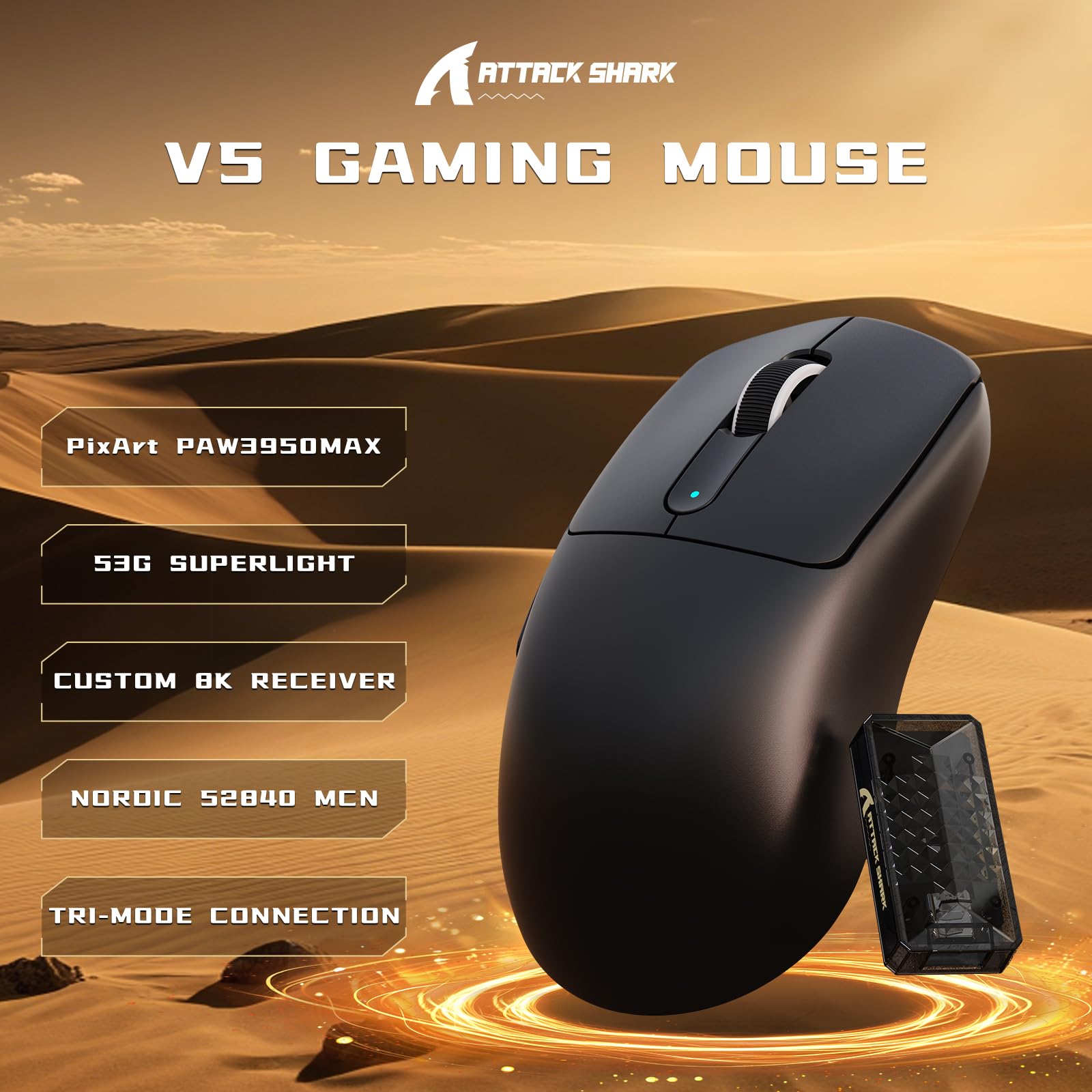 ATTACK SHARK V5 Bezprzewodowa Mysz Gamingowa 8000Hz,53G,PixArt PAW3950MAX,Mikrokontroler Nordic 52840, Bluetooth/2.4G/Myszy Przewodowe ze Spiralnym Kablem,42KDPI (Czarny)
