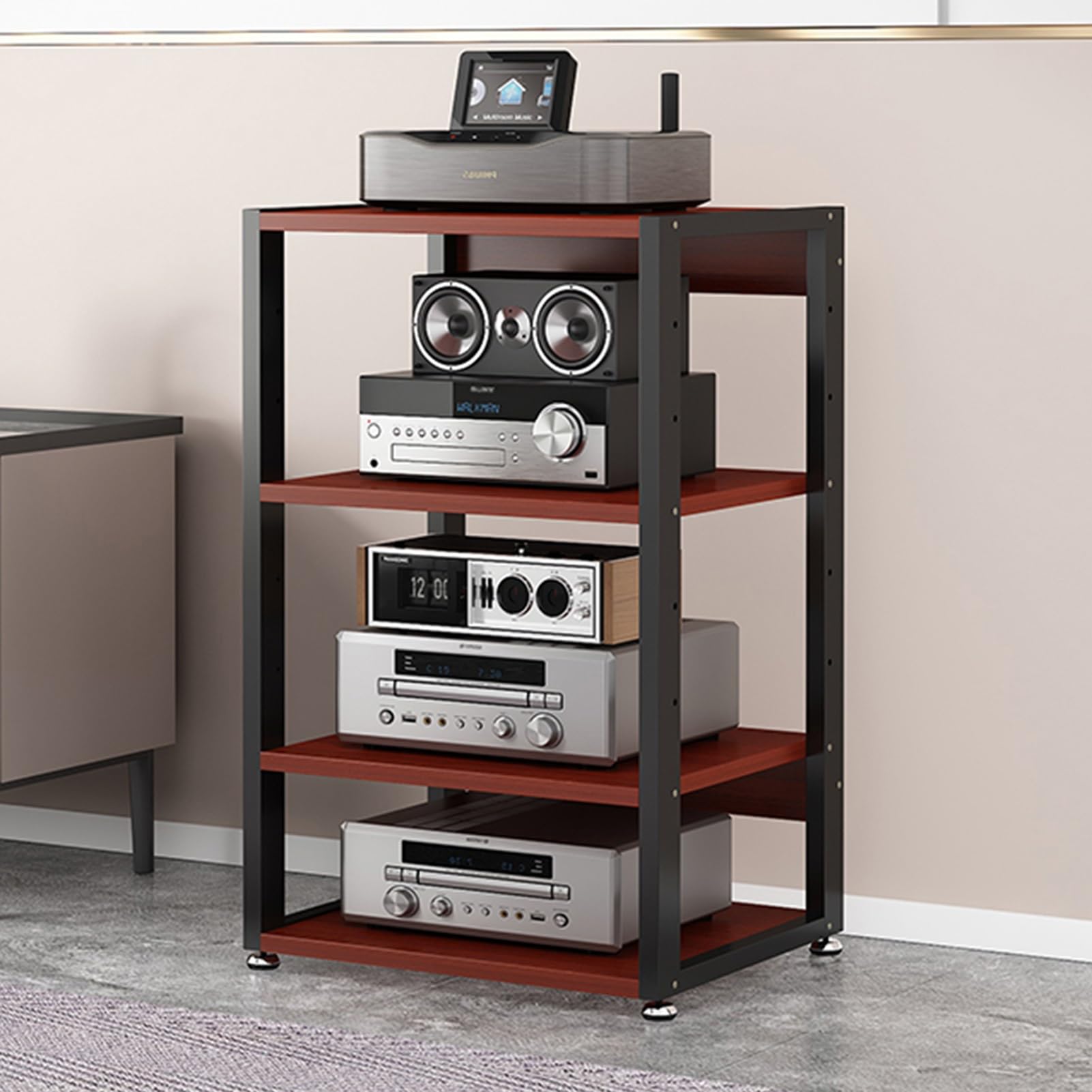 4-Tier AV Media Stand Power Amplifier Rack CD Player Audio Cabinet, Corner TV Stand Audio Tower with Height Adjustable Wooden Shelf, Corner Entertainment Media Center (Color : A, Size : 50x40x90cm)