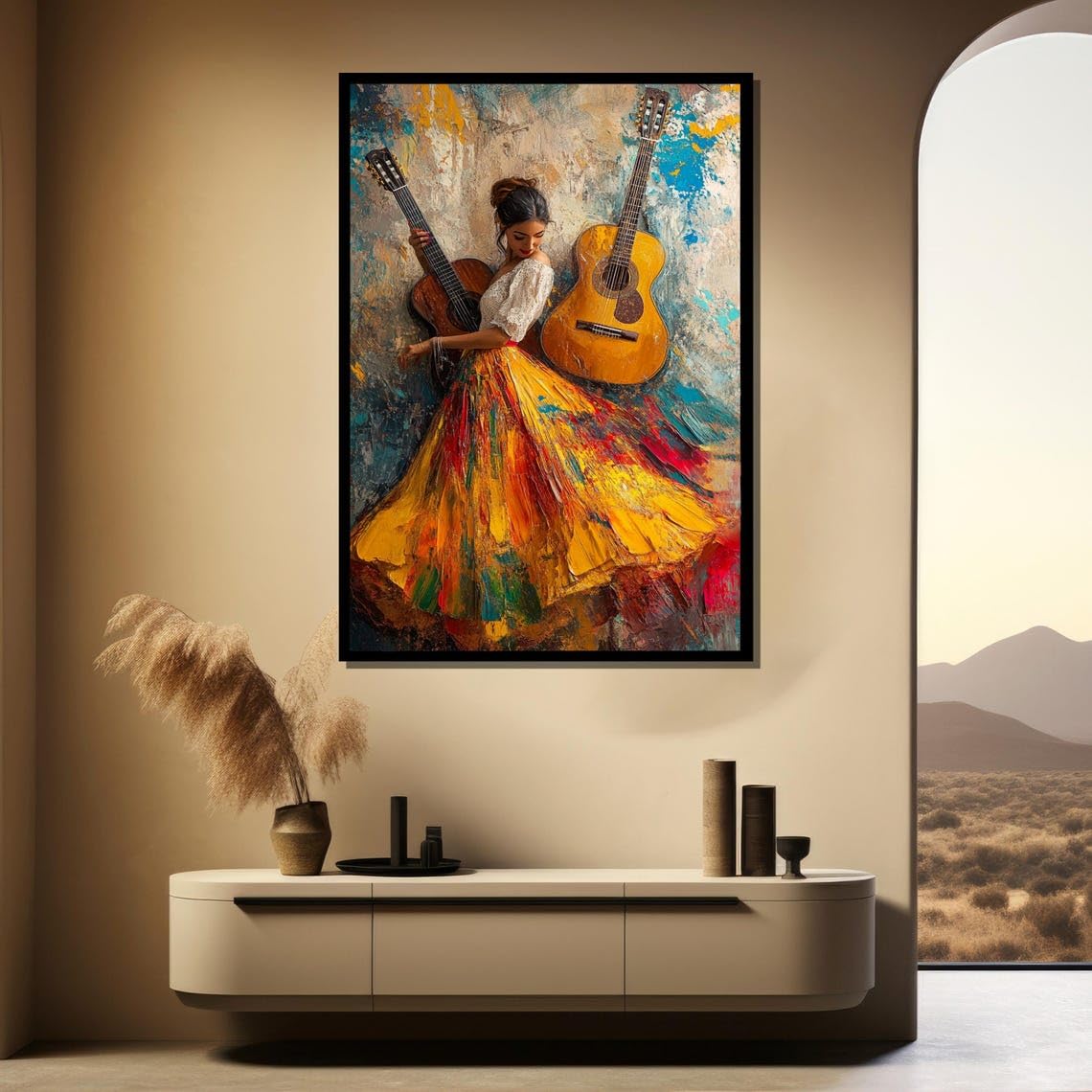 XINBAO Dekoracyjny obraz ścienny Tancerz flamenco z gitarami - Hiszpańska sztuka muzyczna gotowa do powieszenia do wystroju domu (80 x 110 cm / bez ramki)