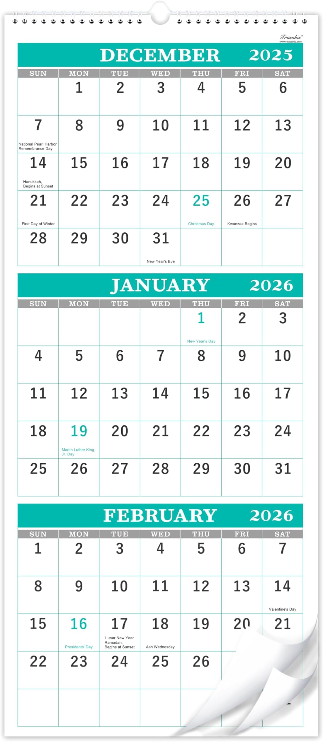 2025-2026年 壁掛けカレンダー - 2025-2026年カレンダー 2025年5月~2026年6月 3ヶ月表示カレンダー(1か月折り) 11.25インチ x 26インチ(開いた状態) 縦3ヶ月 カレンダー 厚紙