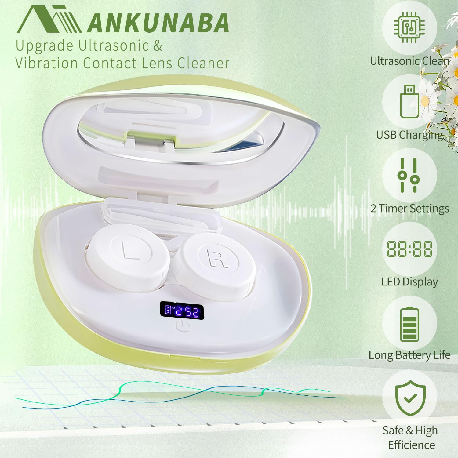 Máquina limpiadora ultrasónica de lentes de contacto, estuche de limpieza de lentes de contacto con cargador USB, pantalla de temporizador y 5 recipientes de solución de contacto, se adapta