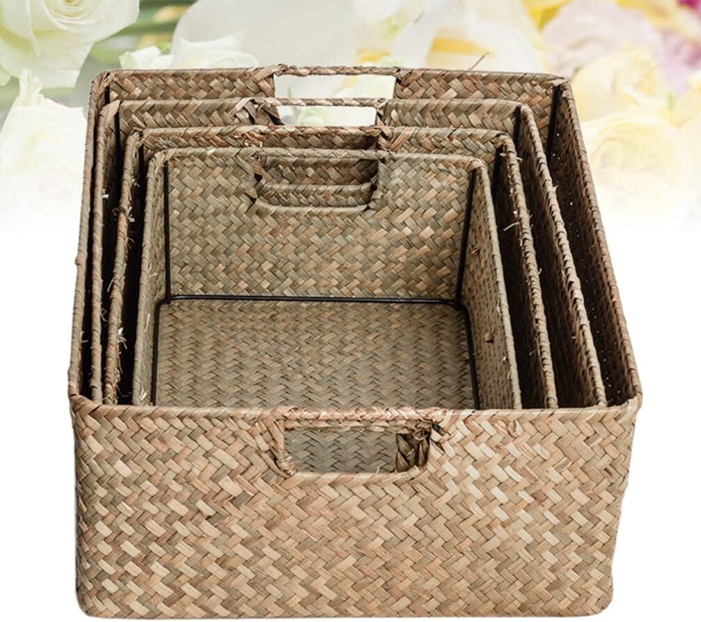 POPETPOP 4 Pcs Storage Basket The Office Decor Woven Trash Can Hampers for Laundry with Lid Wicker Storage Woven Basket Rattan Toilet Tank Handle Child Make up Wooden Laundry Basket