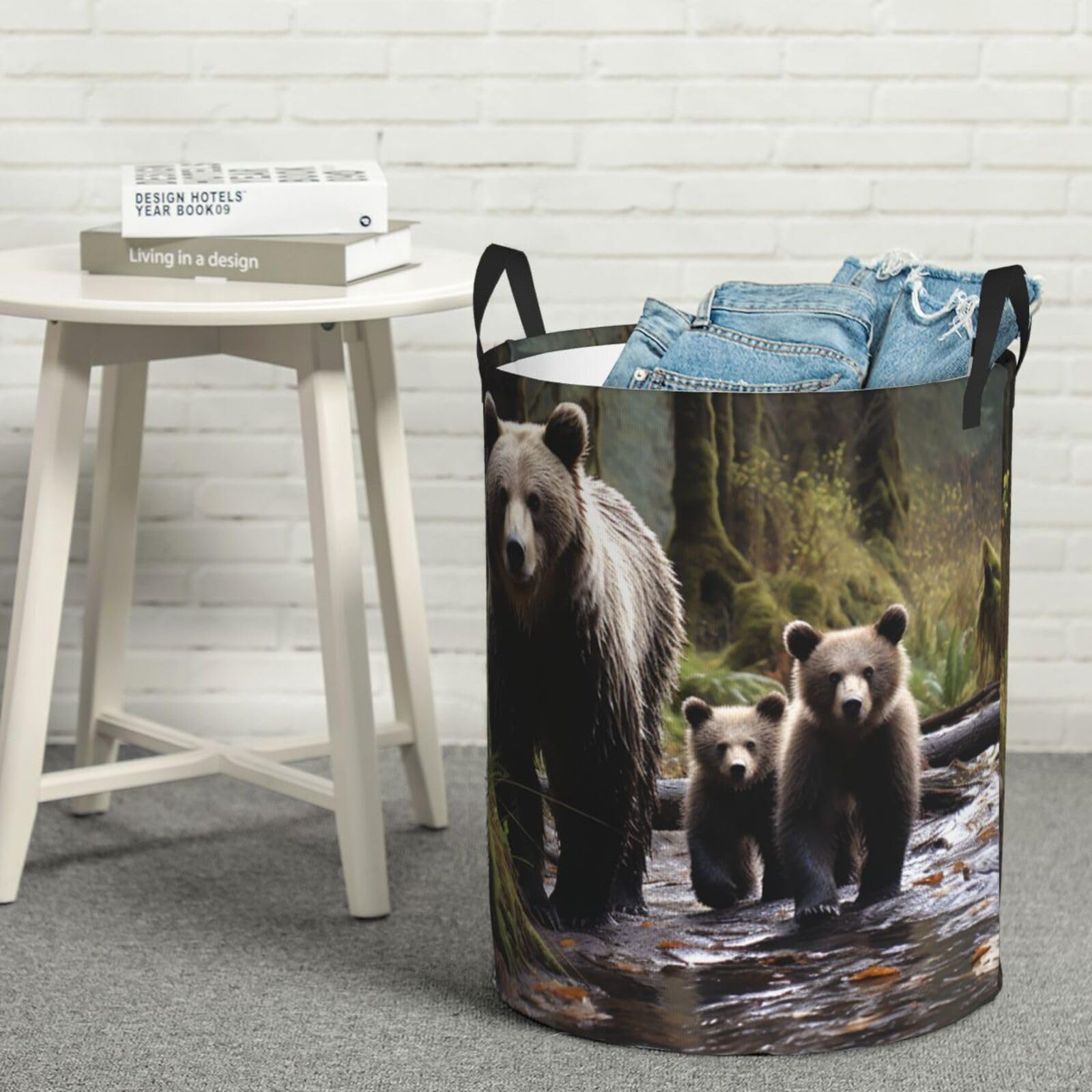 Fodpand Black Mother Bear And Her Cubs Laundry Basket With Handle, Freestanding Laundry Hamper, Collapsible Dirty Clothes Hamper, Waterproof Fabric Blanket Storage Basket Tall Toy Storage Bin Room Decor Small