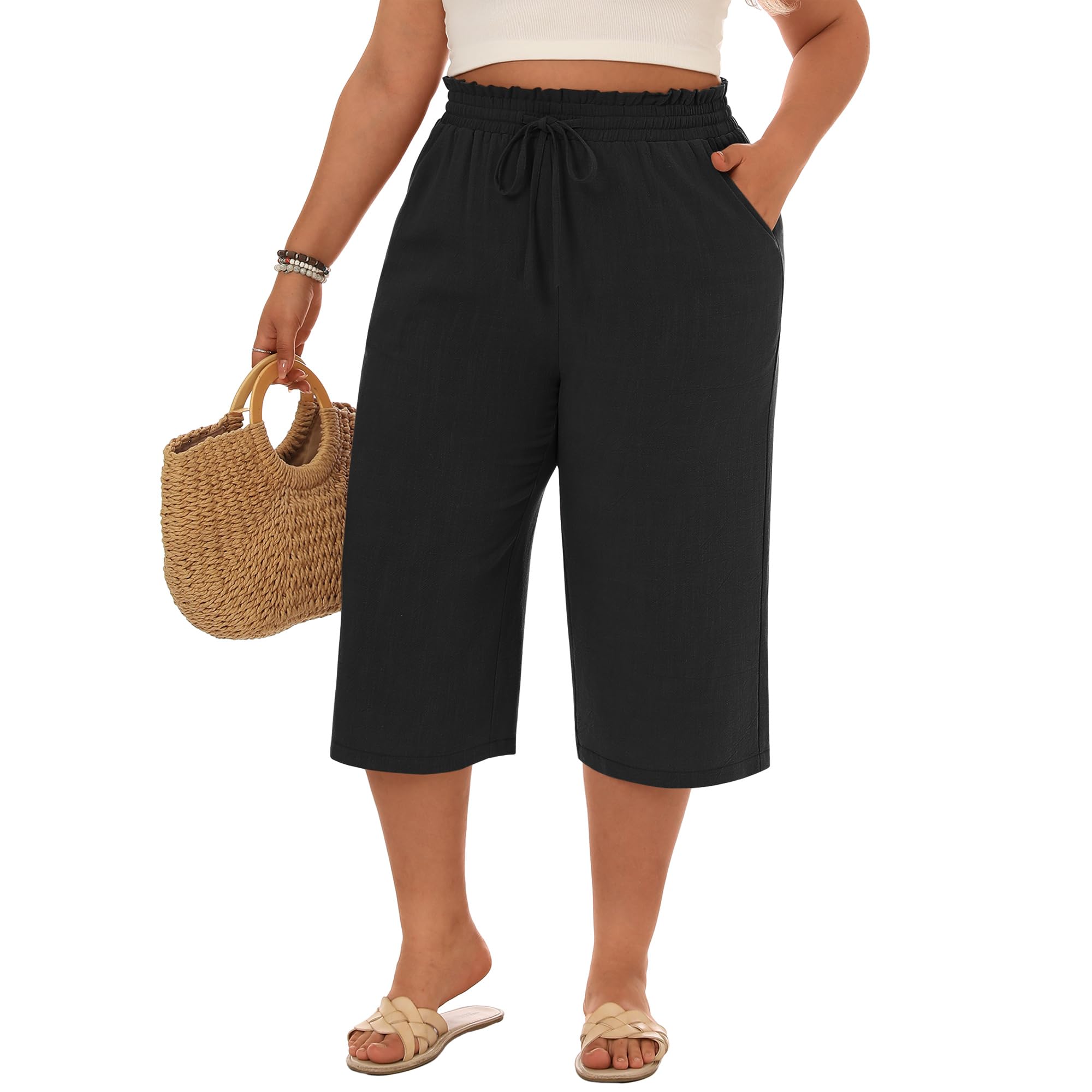 Neer Plus Size Womens Linen Capri Baggy Wide Leg Pant Casual High Waisted Drawstring Lounge Trouser with Pockets