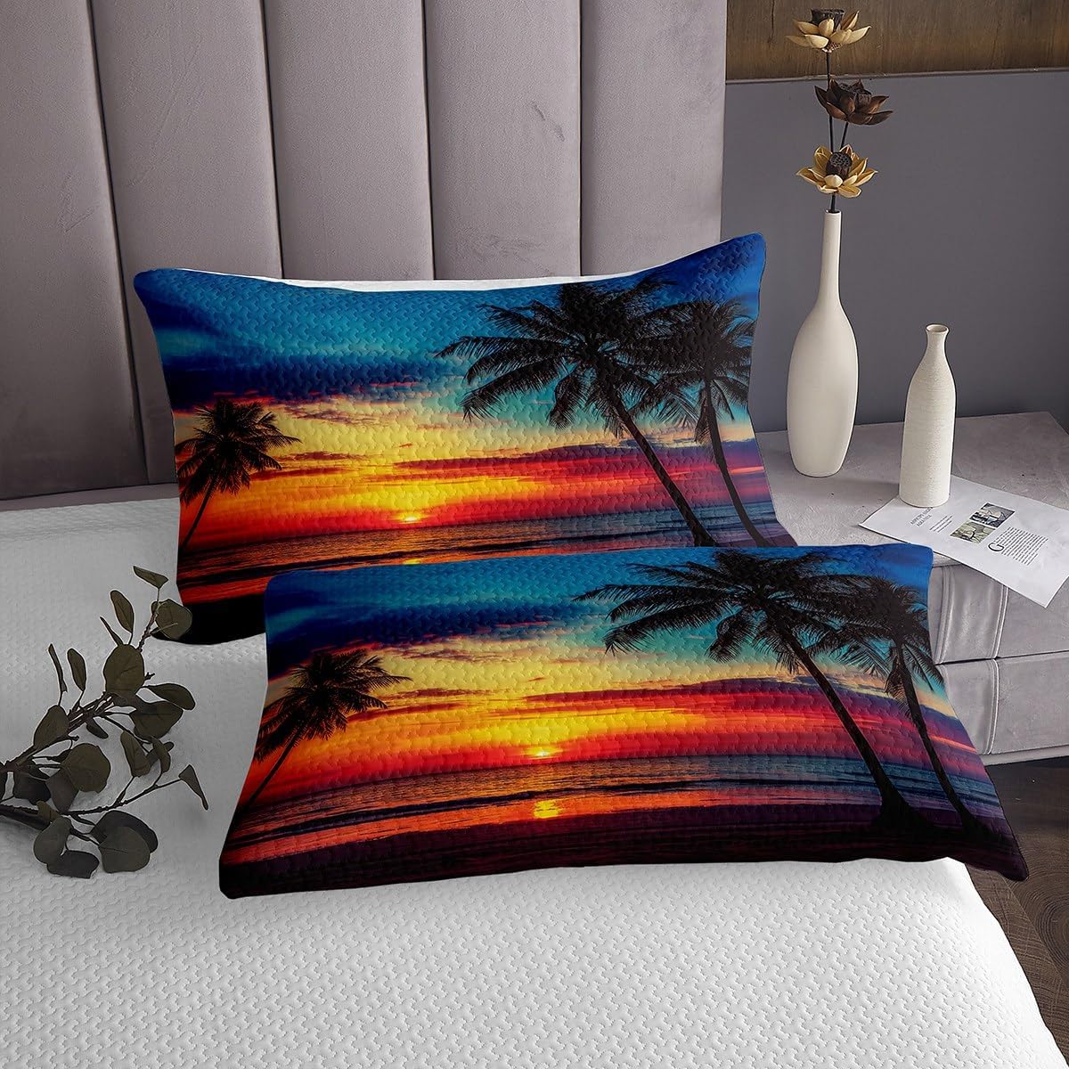 Erosebridal Palm Leaf Bedspread King Size, Ocean Beach Bedding Set, Nature Theme Coverlet Set, Sunset Quilted Coverlet for Bedroom Decorative, Hawaiian Bed Cover, Soft Bedding Collection