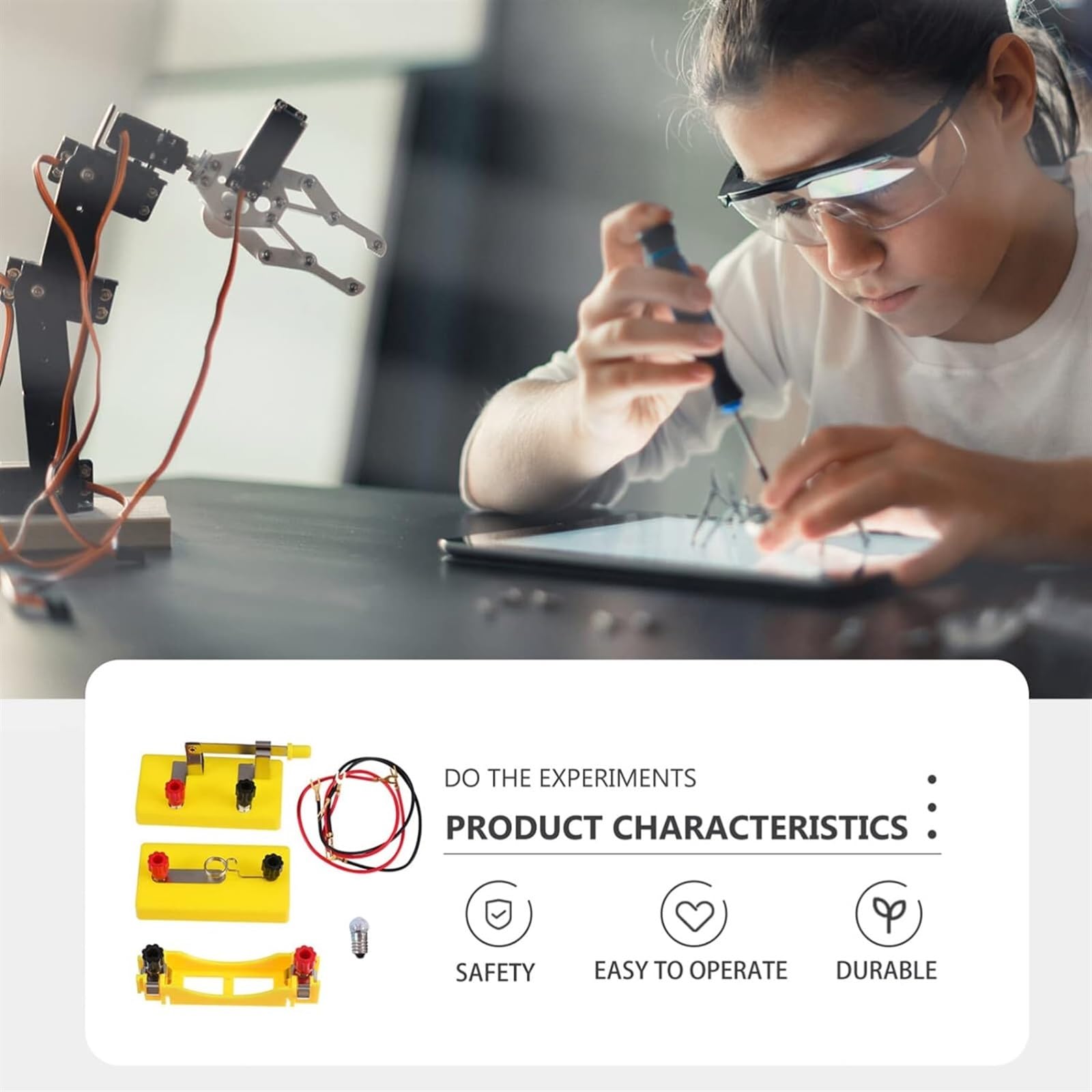 Kleine in Reihe geschaltete Glühbirnen leuchten auf. Materialien für wissenschaftliche Experimente zu elektrischen Anlagen für Grundschüler. Experimentierset für einfache