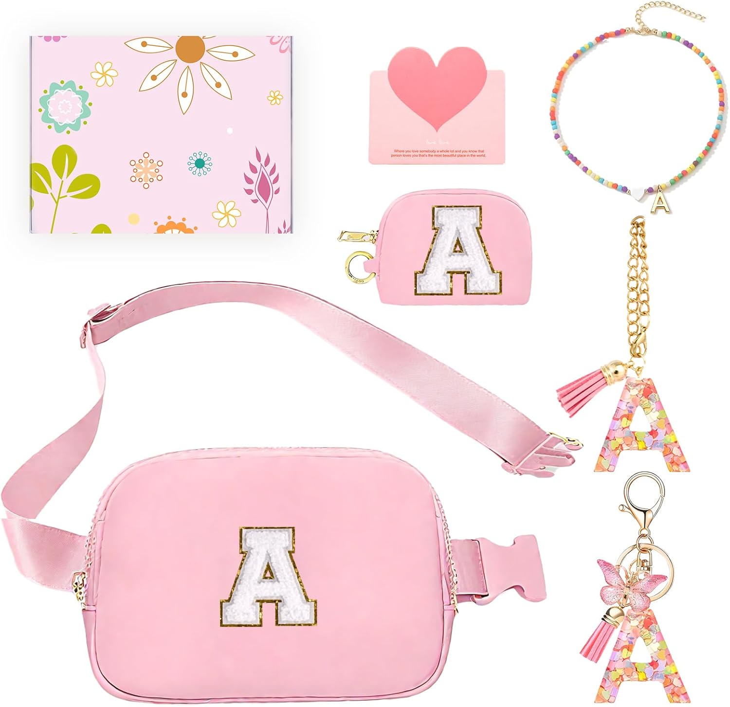 6 Pcs Teen Girl Gifts Trendy Stuff, Monogrammed Fanny Pack for Girl with Keychain, Necklace, Cup Charm, Greeting Card and Gift Box, Birthday Gifts for 4 5 6 7 8 9 10 11 12 13 Year Old Girls (A, Pink)