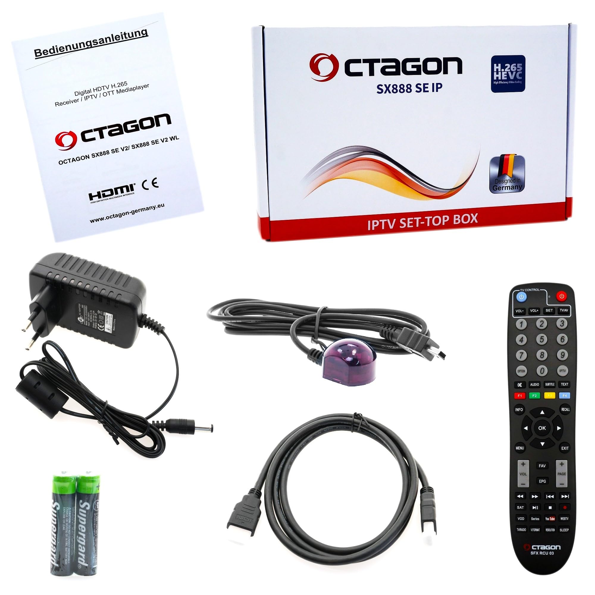 Octagon SX888 SE V2 HD IP HDTV Linux Receiver, TV Box, LAN, Mediathek, YouTube, Internet Radio, HDMI CEC, E2TV Multiroom TV Client-System, H.265, 2X USB, Infrarot Kabel, lernbare Fernbedienung